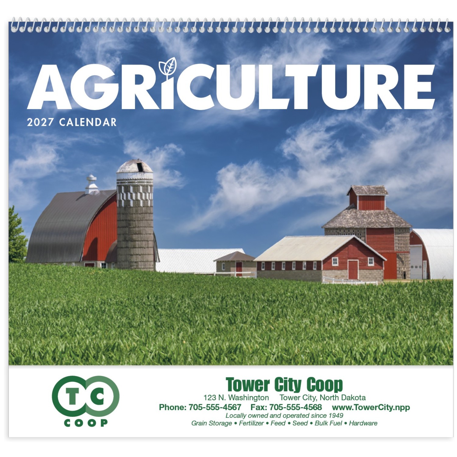 Agriculture Spiral Calendar featuring photography of farming landscapes, crops, tractors, and rural scenes, glossy spiral-bound pages with monthly calendar grids, and a wall calendar design for farms, offices, and year-round scheduling.