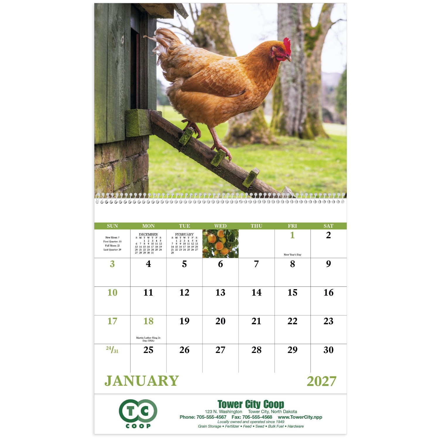 Agriculture Spiral Calendar featuring photography of farming landscapes, crops, tractors, and rural scenes, glossy spiral-bound pages with monthly calendar grids, and a wall calendar design for farms, offices, and year-round scheduling.