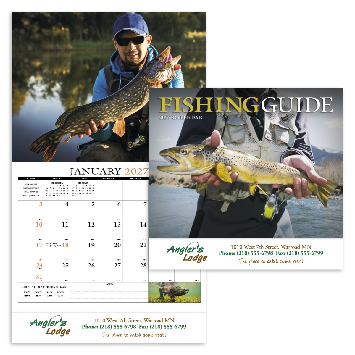 Fishing-themed wall calendar featuring scenic angling photography, fishing forecasts, and daily activity information for outdoor enthusiasts.