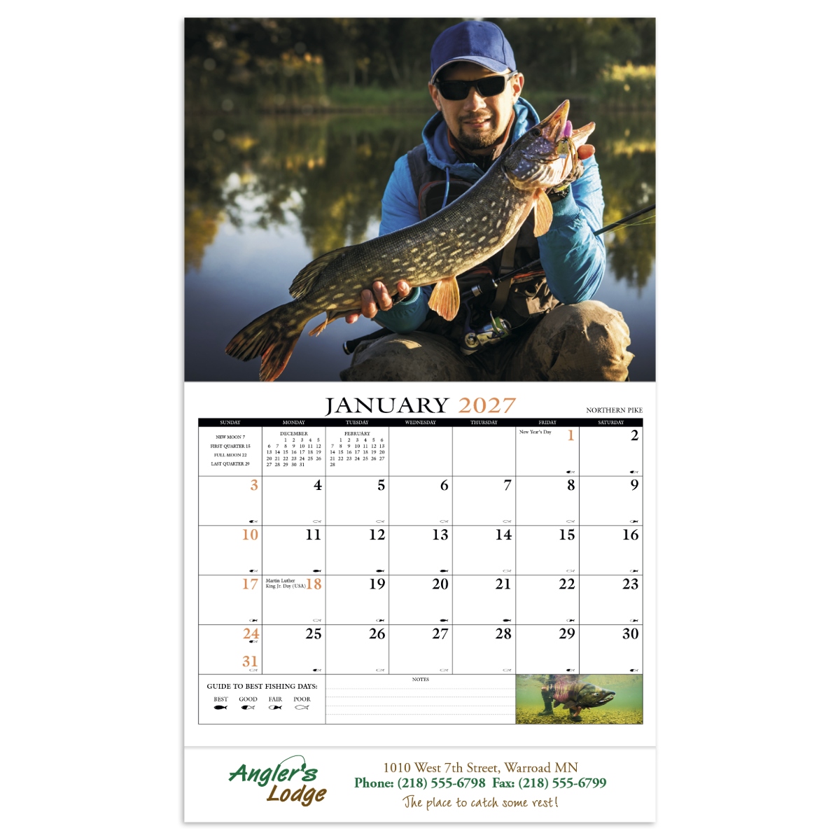 Fishing-themed wall calendar featuring scenic angling photography, fishing forecasts, and daily activity information for outdoor enthusiasts.