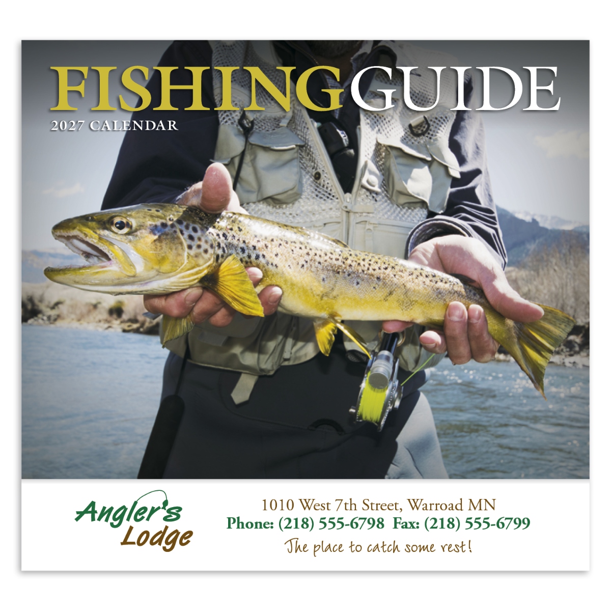 Fishing-themed wall calendar featuring scenic angling photography, fishing forecasts, and daily activity information for outdoor enthusiasts.