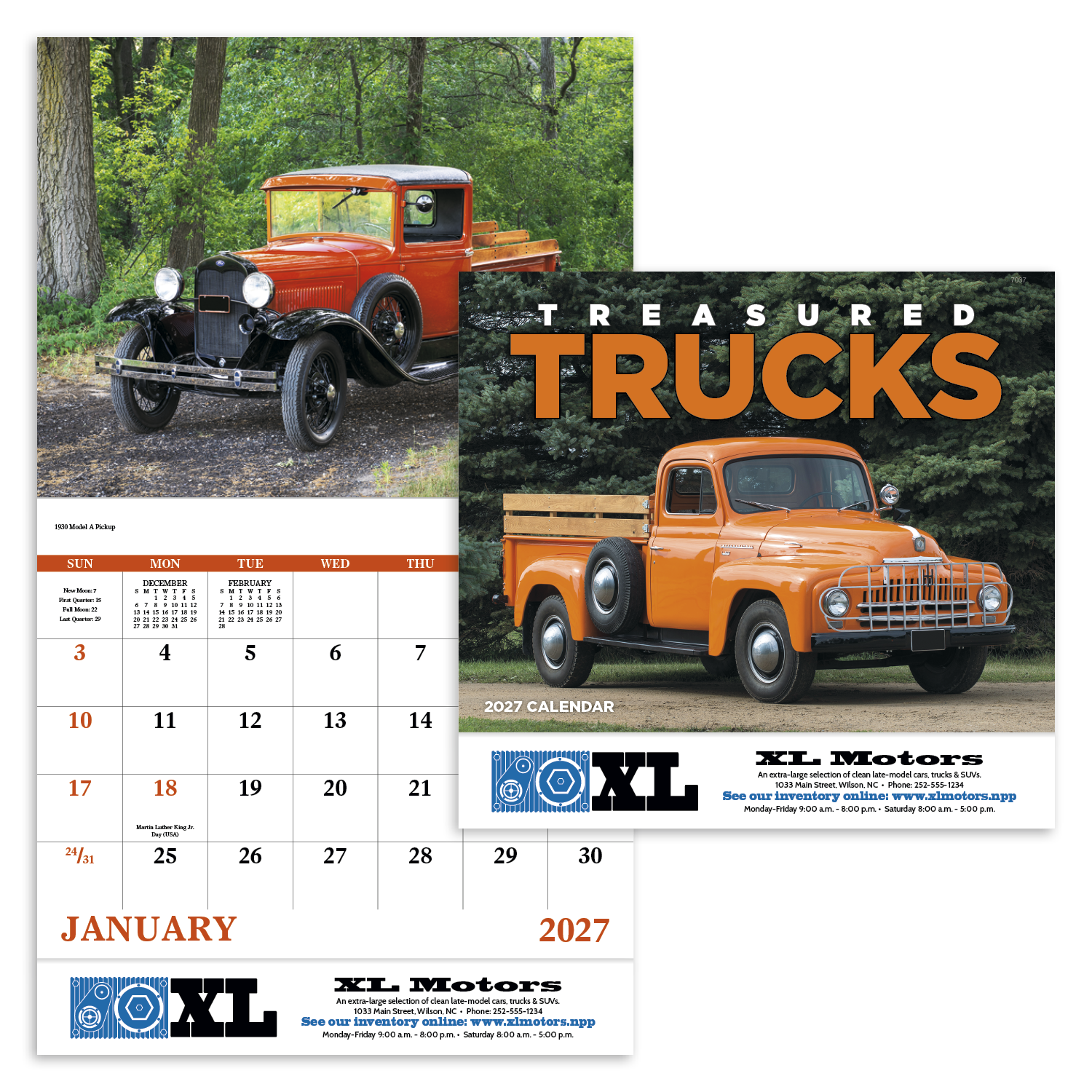 Treasured Trucks Stapled Calendar featuring photographs of classic vintage trucks, glossy stapled pages with monthly calendar grids, and a wall calendar design for home, office, garage, and year-round scheduling.