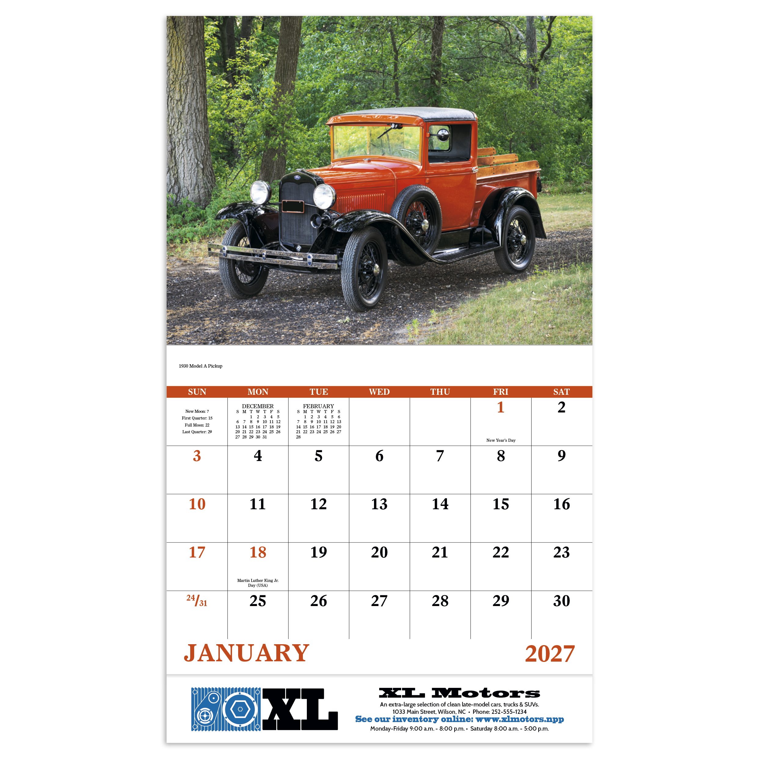 Treasured Trucks Stapled Calendar featuring photographs of classic vintage trucks, glossy stapled pages with monthly calendar grids, and a wall calendar design for home, office, garage, and year-round scheduling.