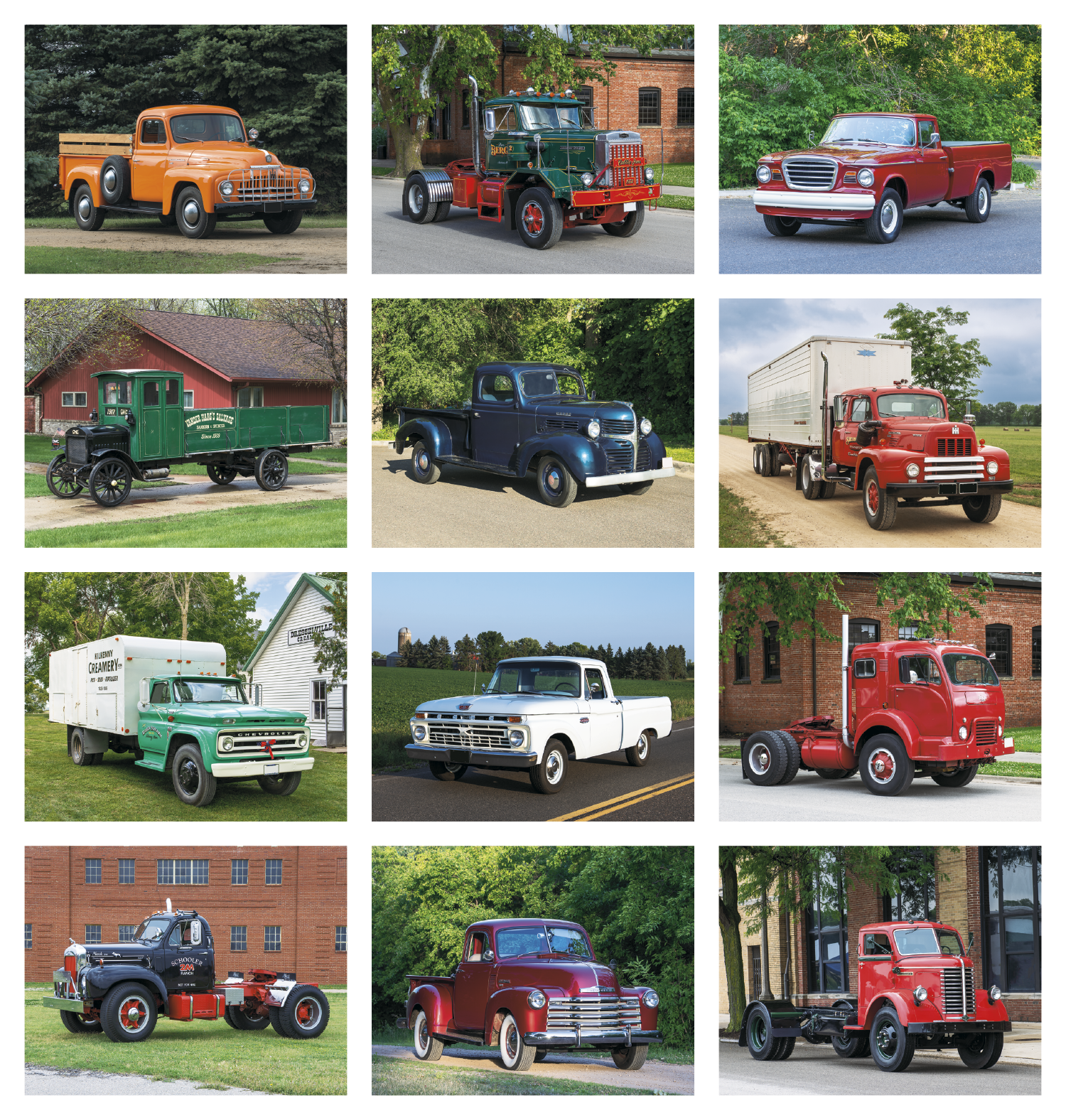 Treasured Trucks Stapled Calendar featuring photographs of classic vintage trucks, glossy stapled pages with monthly calendar grids, and a wall calendar design for home, office, garage, and year-round scheduling.