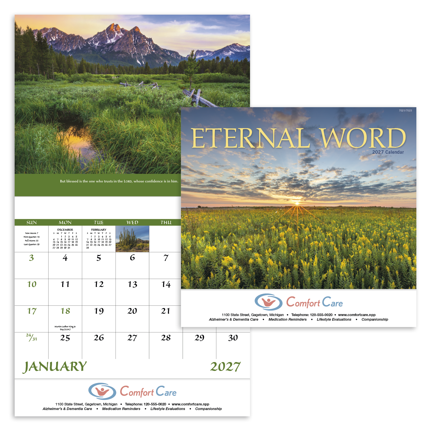 Good Value™ Eternal Word stapled calendar featuring New International Bible verses, high-quality religious imagery, and an FSC® certified gloss paper cover for inspirational year-round planning.