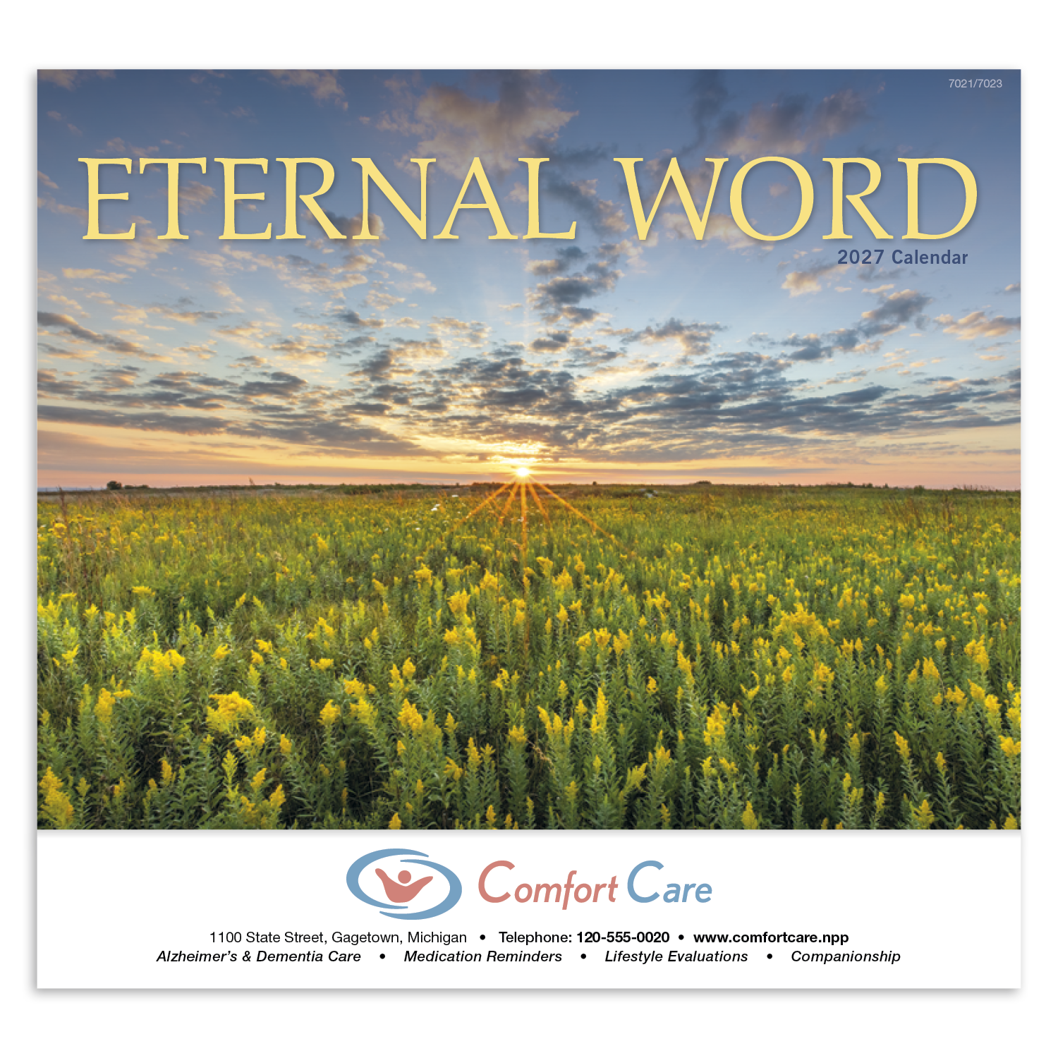 Good Value™ Eternal Word stapled calendar featuring New International Bible verses, high-quality religious imagery, and an FSC® certified gloss paper cover for inspirational year-round planning.