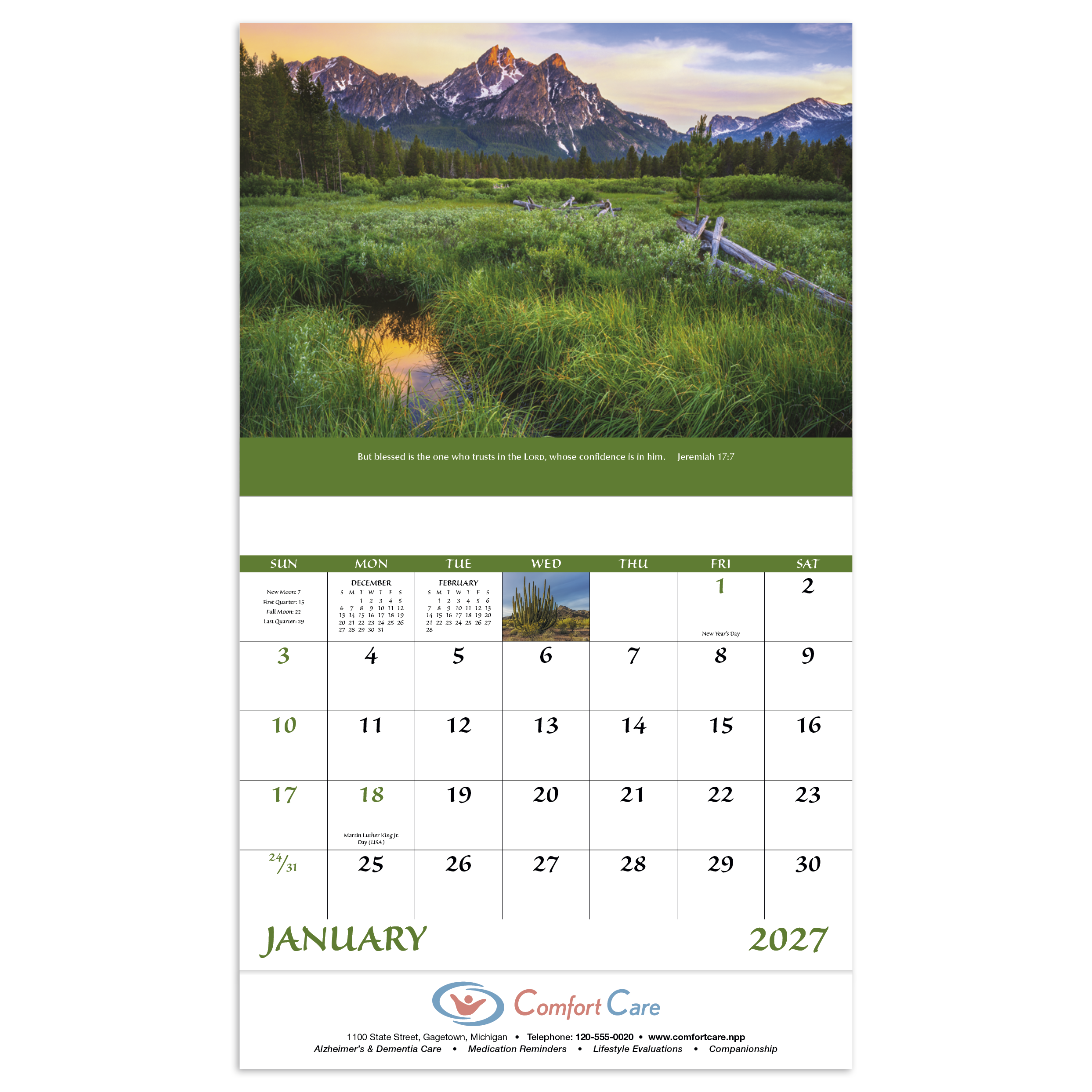 Good Value™ Eternal Word stapled calendar featuring New International Bible verses, high-quality religious imagery, and an FSC® certified gloss paper cover for inspirational year-round planning.