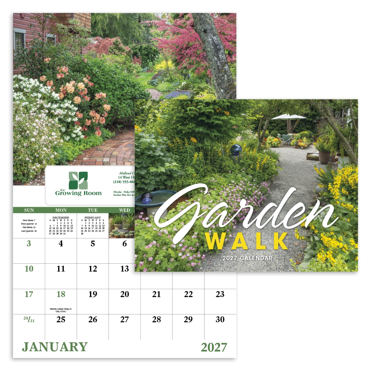 Garden-themed wall calendar featuring beautiful floral landscapes, lush greenery, and vibrant nature photography.