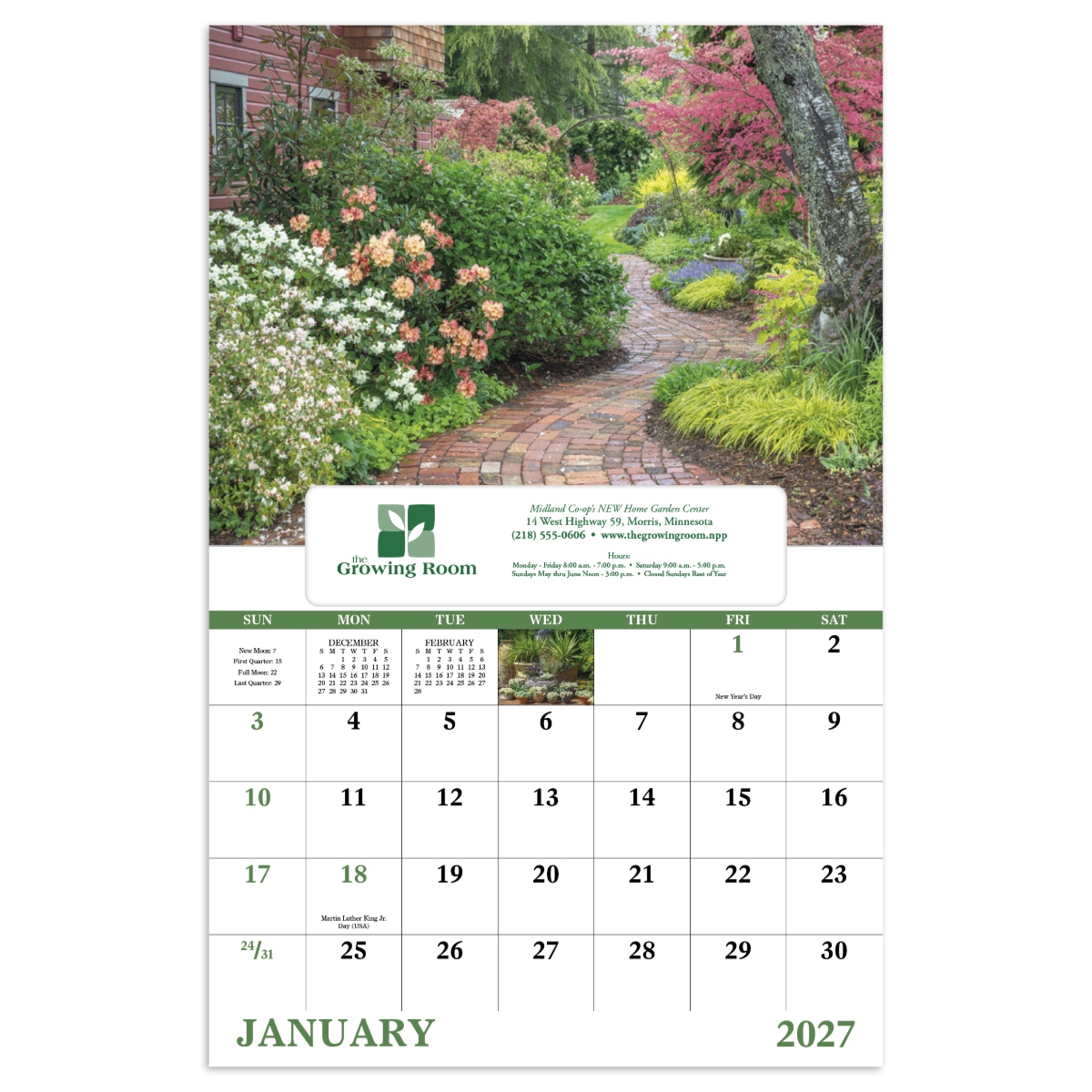 Garden-themed wall calendar featuring beautiful floral landscapes, lush greenery, and vibrant nature photography.