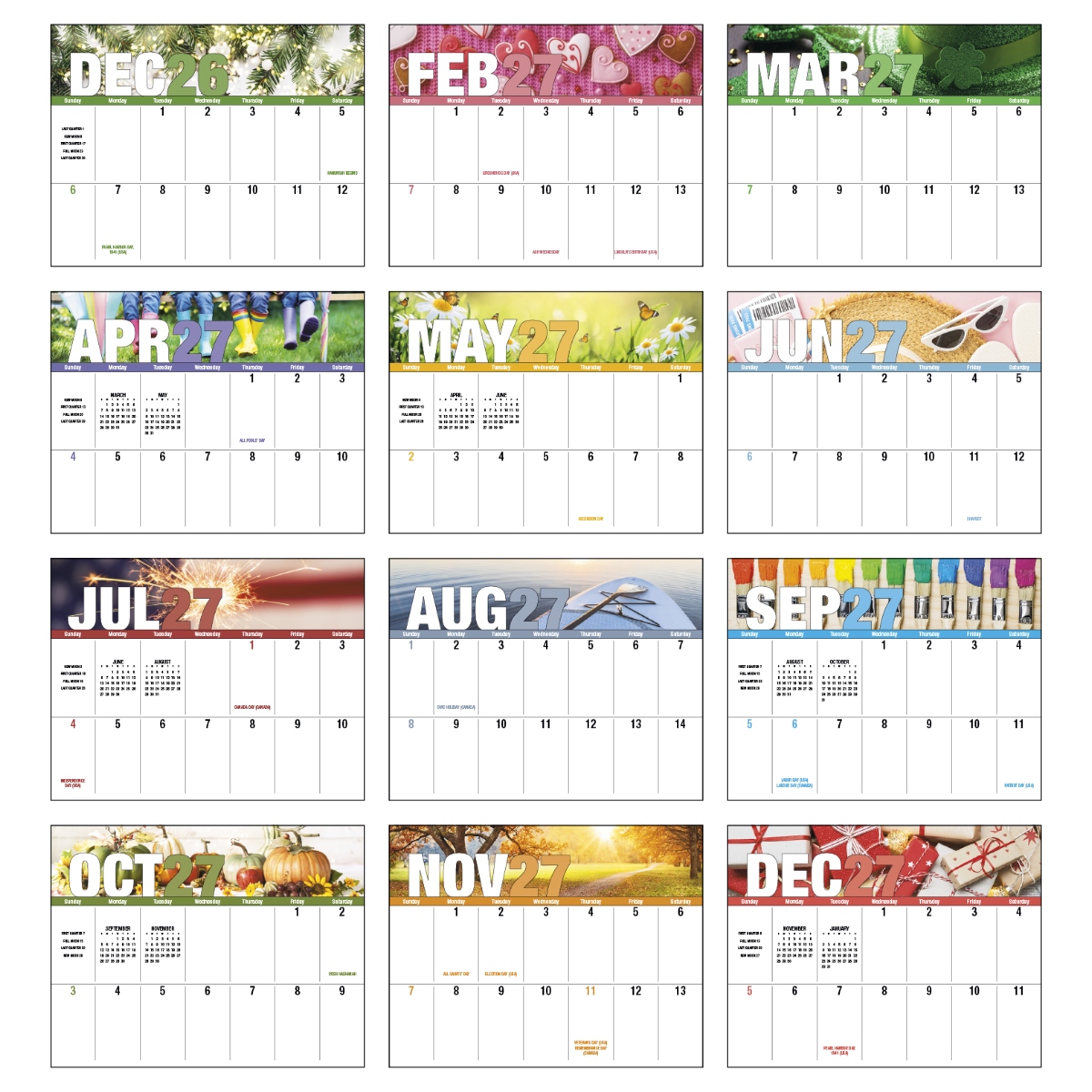 Stay organized throughout the year while enjoying the beauty of the changing seasons with this versatile calendar. Designed as a custom promotional product, it can be branded with your logo or message to provide a practical and memorable way to keep your brand visible. Product Features: 13-month calendar with December printed on the back mount Provides plenty of writing space for schedules, notes, and reminders Features high-quality seasonal imagery Gloss paper stock with a UV-coated cover FSC®-certified materials sourced from responsibly managed forests and other controlled sources Ideal for healthcare, communications, and retail industries Assembled in the USA