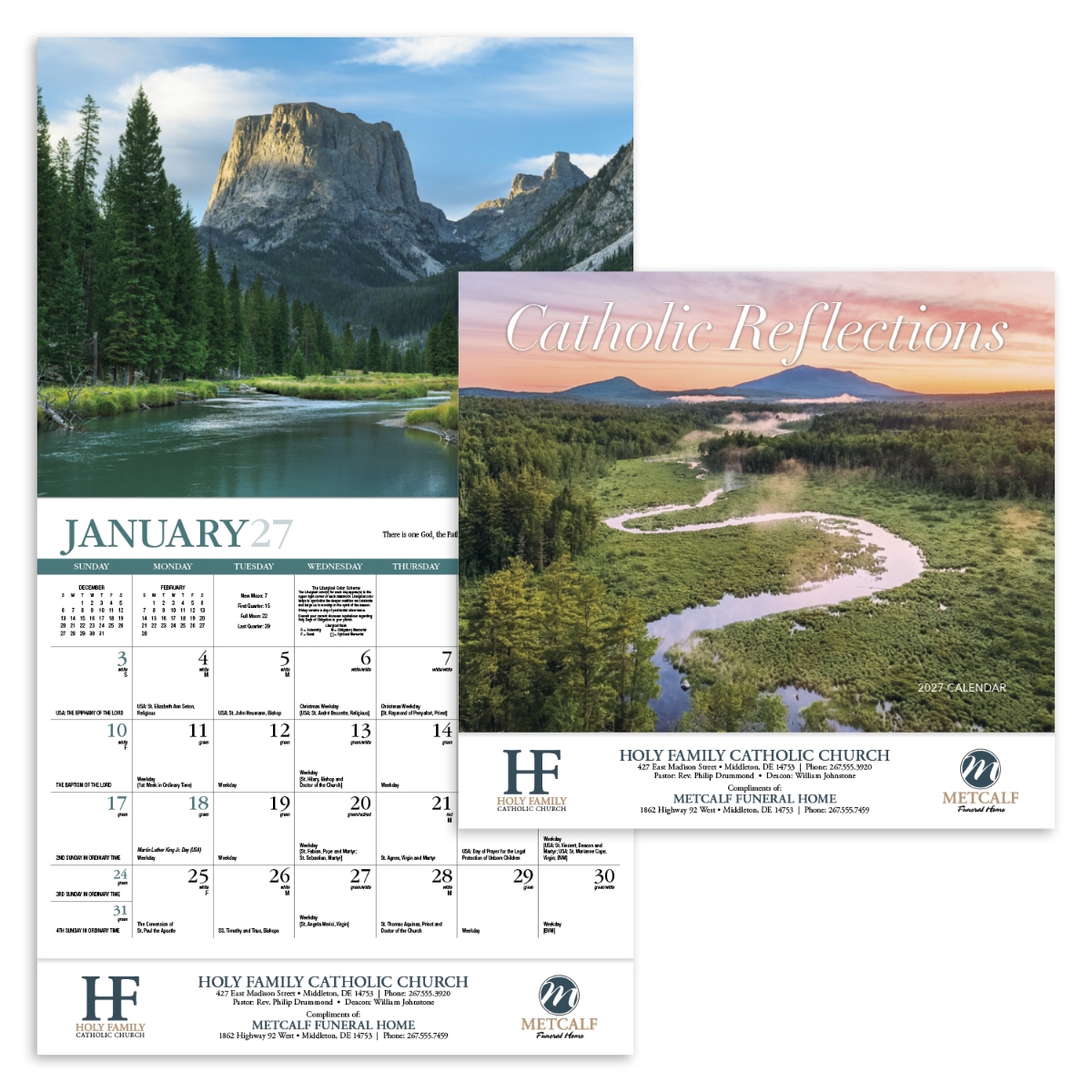 Religious wall calendar featuring scenic photography, inspirational Bible verses, and Catholic liturgical calendar information.
