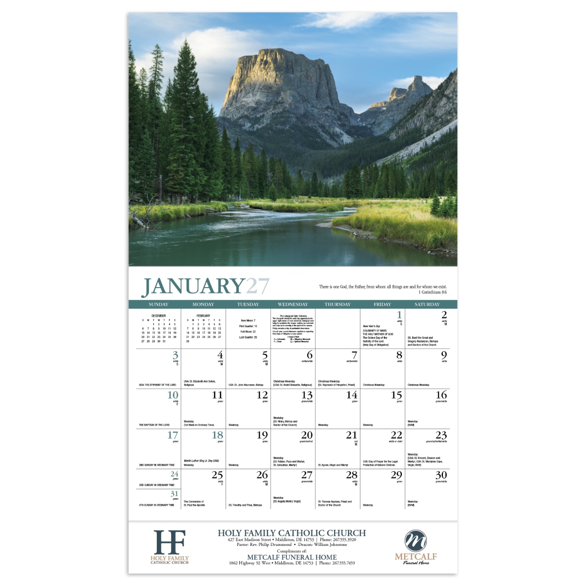 Religious wall calendar featuring scenic photography, inspirational Bible verses, and Catholic liturgical calendar information.