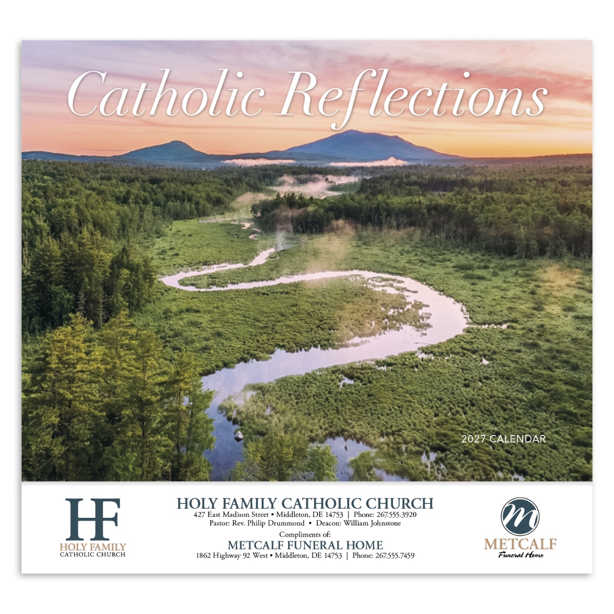 Religious wall calendar featuring scenic photography, inspirational Bible verses, and Catholic liturgical calendar information.