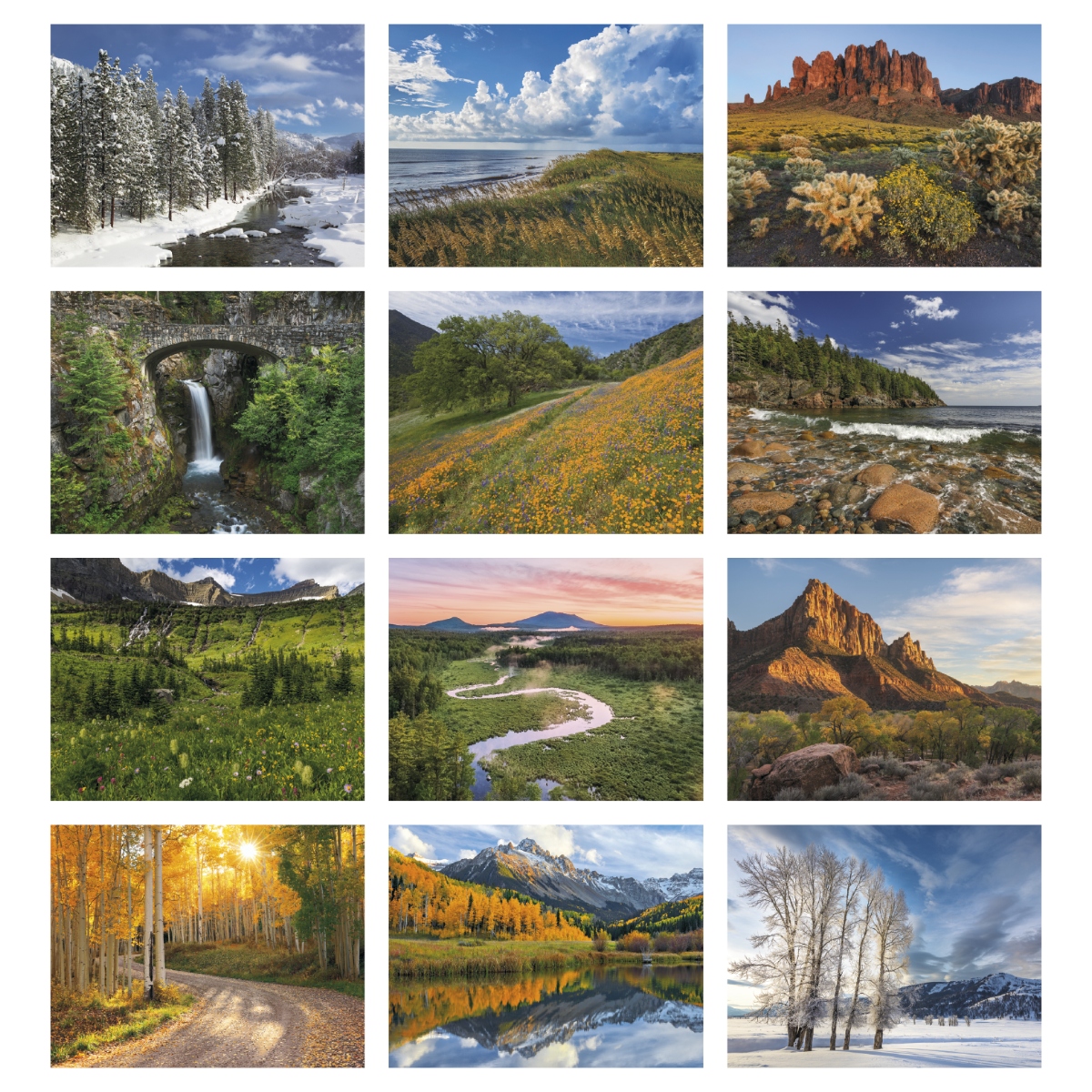 Religious wall calendar featuring scenic photography, inspirational Bible verses, and Catholic liturgical calendar information.