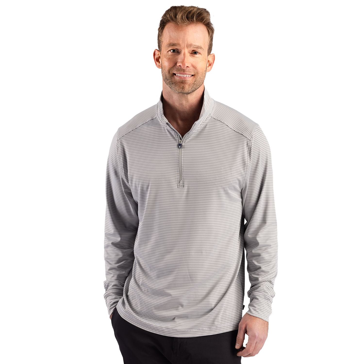 Polished and white men's quarter-zip pullover made from GRS-certified recycled polyester with four-way stretch, moisture-wicking technology, UPF 50+ sun protection, double stripe detail, and set-in sleeves for a polished performance look.