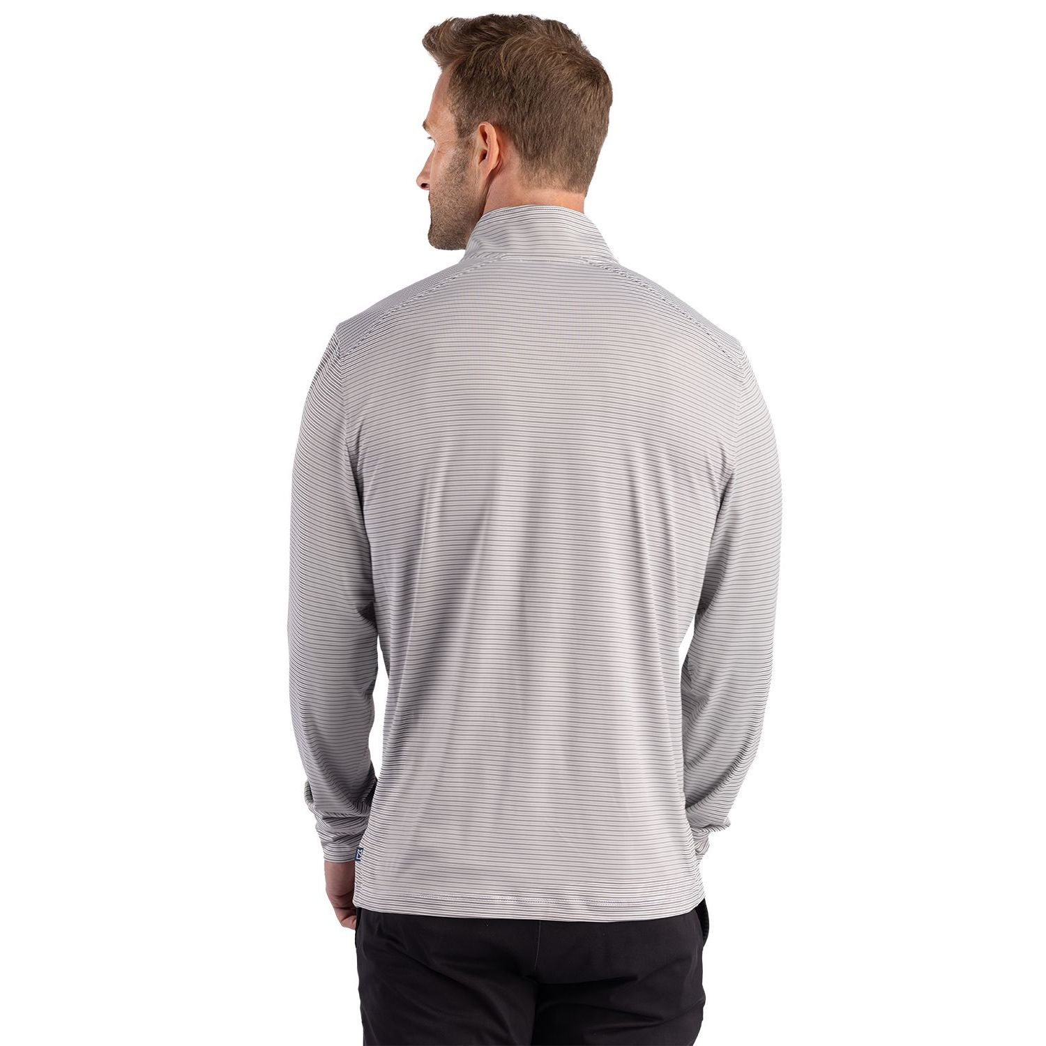 Polished and white men's quarter-zip pullover made from GRS-certified recycled polyester with four-way stretch, moisture-wicking technology, UPF 50+ sun protection, double stripe detail, and set-in sleeves for a polished performance look.