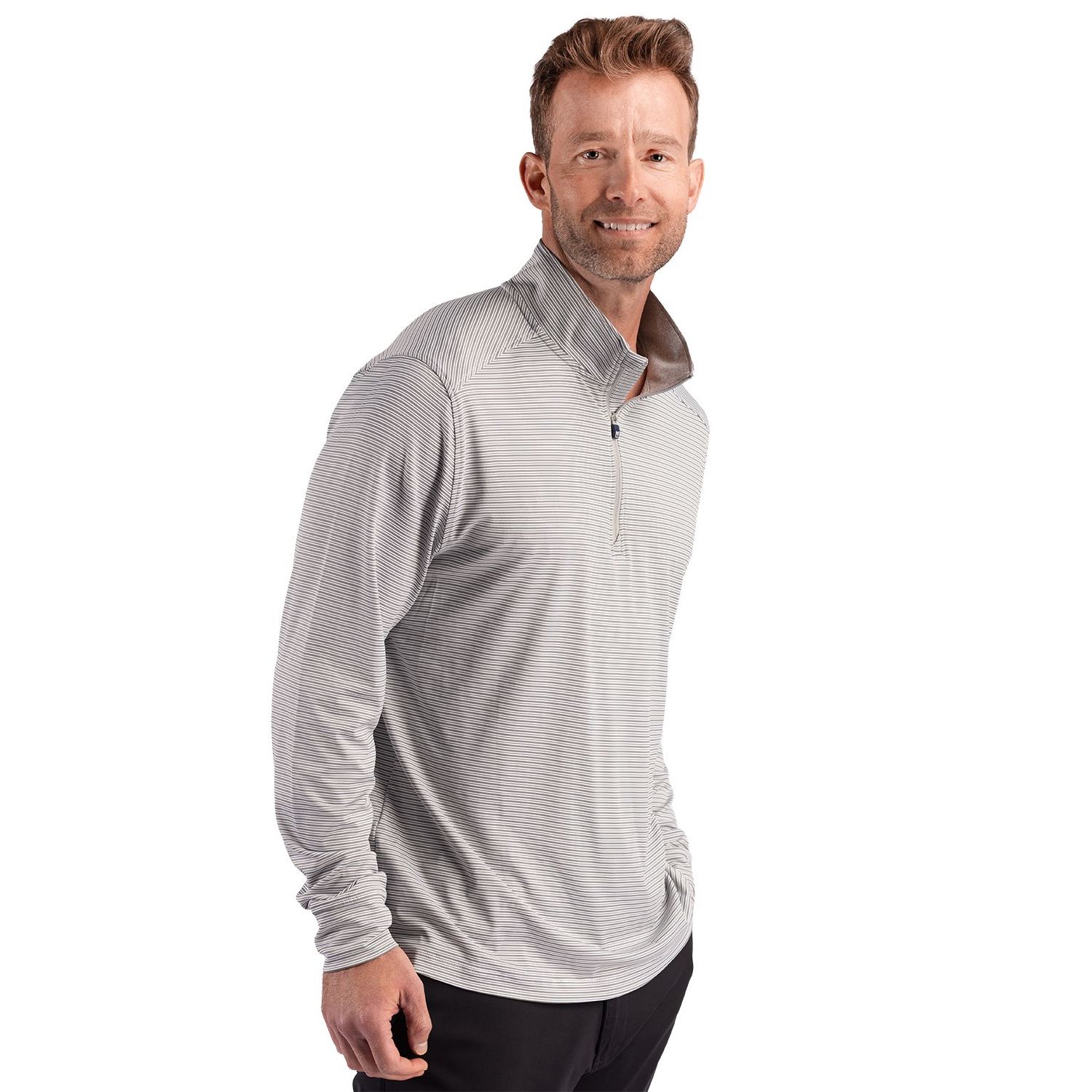 Polished and white men's quarter-zip pullover made from GRS-certified recycled polyester with four-way stretch, moisture-wicking technology, UPF 50+ sun protection, double stripe detail, and set-in sleeves for a polished performance look.