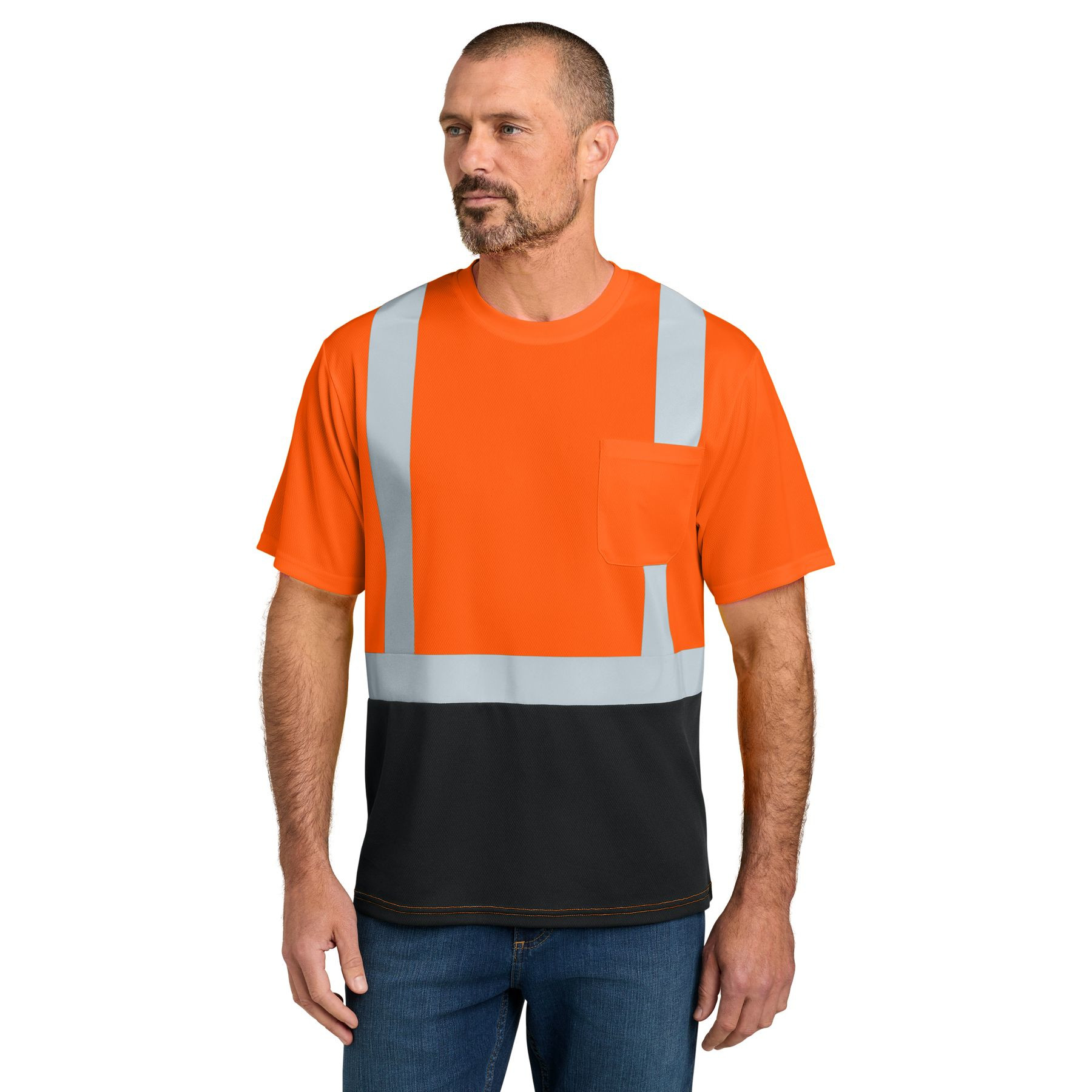 Safety Orange and Black high-visibility mesh tee with reflective 2-inch tape, black bottom front, left chest pocket, rib knit neck, and breathable moisture-wicking fabric.