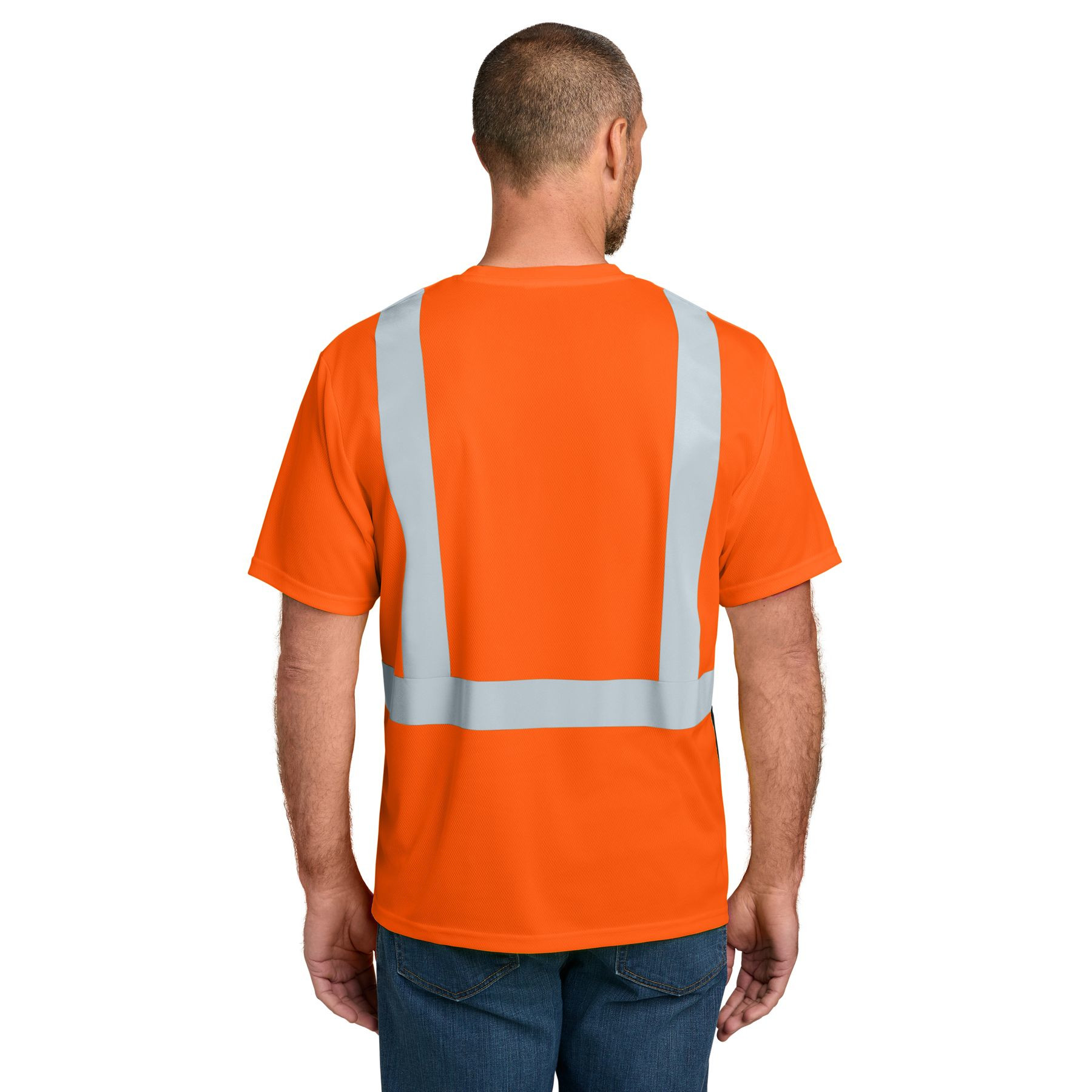 Safety Orange and Black high-visibility mesh tee with reflective 2-inch tape, black bottom front, left chest pocket, rib knit neck, and breathable moisture-wicking fabric.