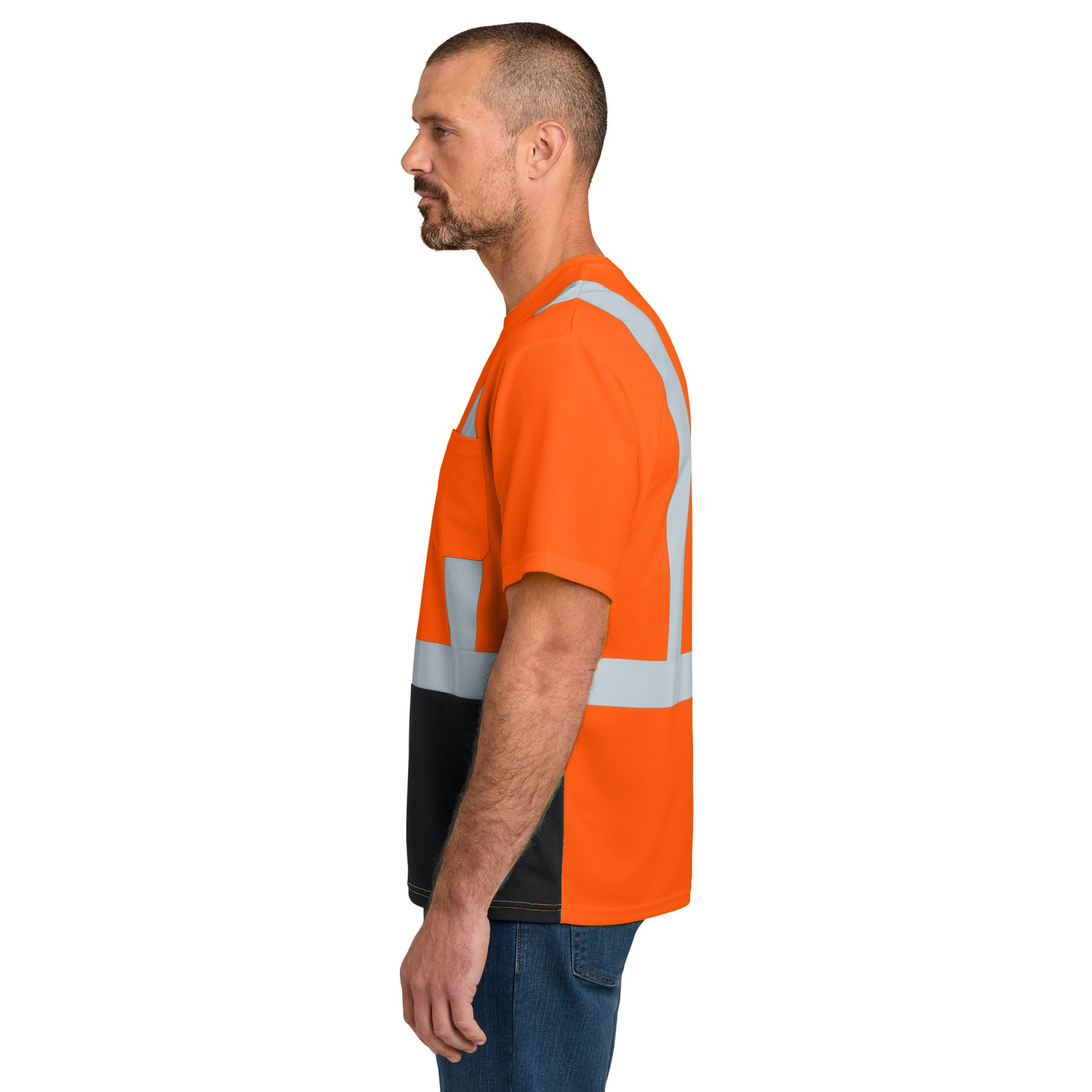 Safety Orange and Black high-visibility mesh tee with reflective 2-inch tape, black bottom front, left chest pocket, rib knit neck, and breathable moisture-wicking fabric.