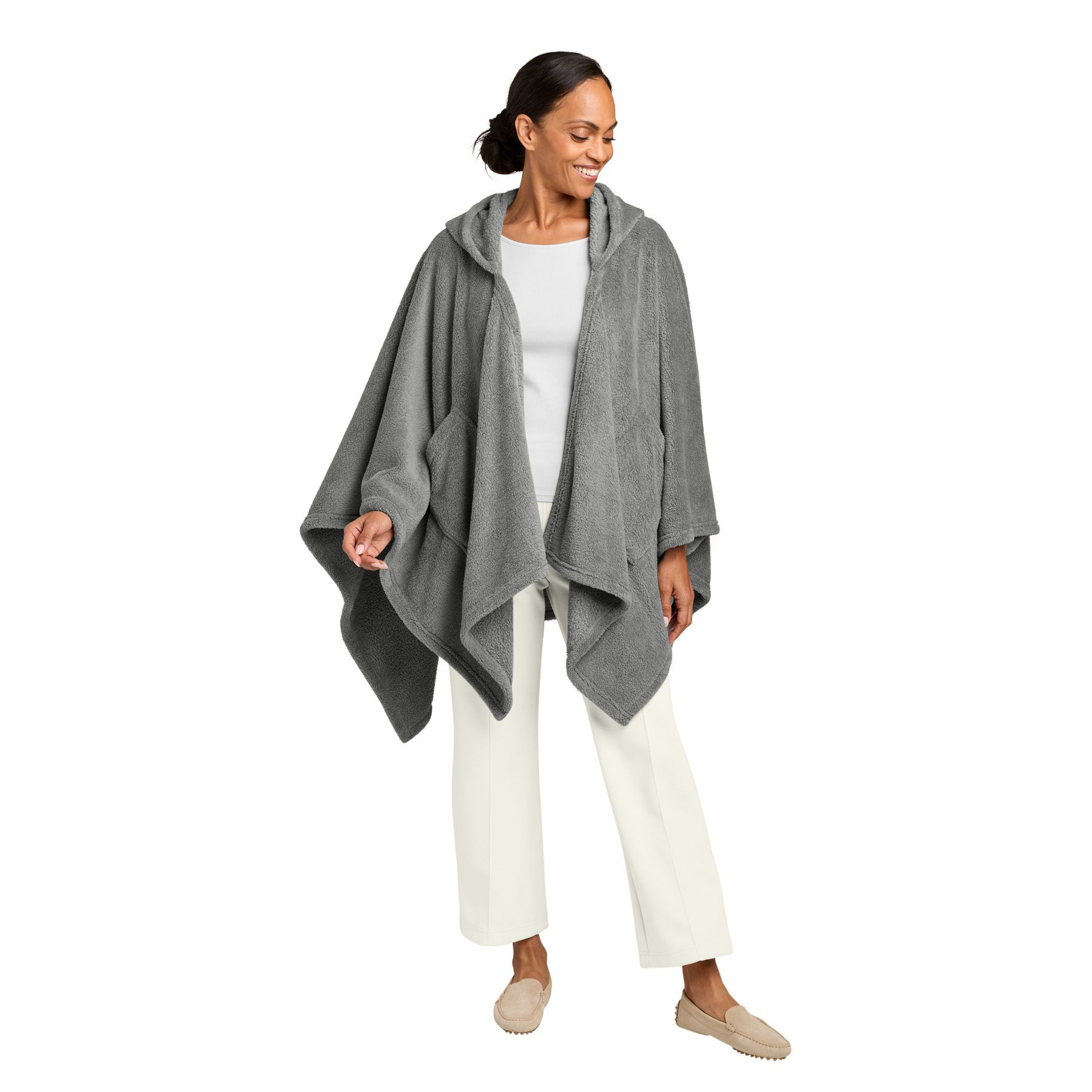 Frost Gray Port Authority Dream Plush Open Hoodie a oversized open-front hoodie with ultra-soft double-sided knit fleece, a two-panel hood, angled patch pockets, and a relaxed wrap-style silhouette for cozy lounging, travel, and everyday comfort.
