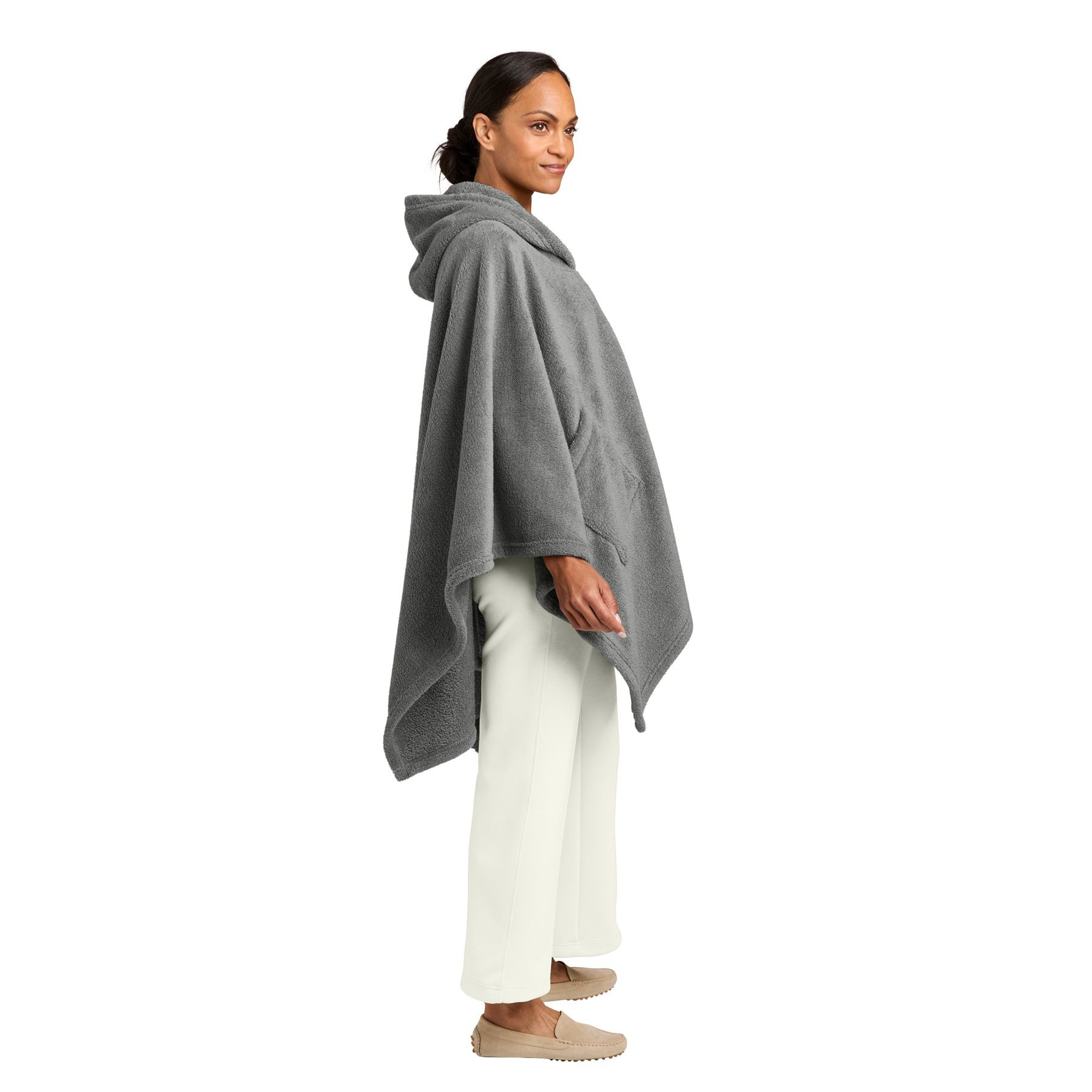 Frost Gray Port Authority Dream Plush Open Hoodie a oversized open-front hoodie with ultra-soft double-sided knit fleece, a two-panel hood, angled patch pockets, and a relaxed wrap-style silhouette for cozy lounging, travel, and everyday comfort.
