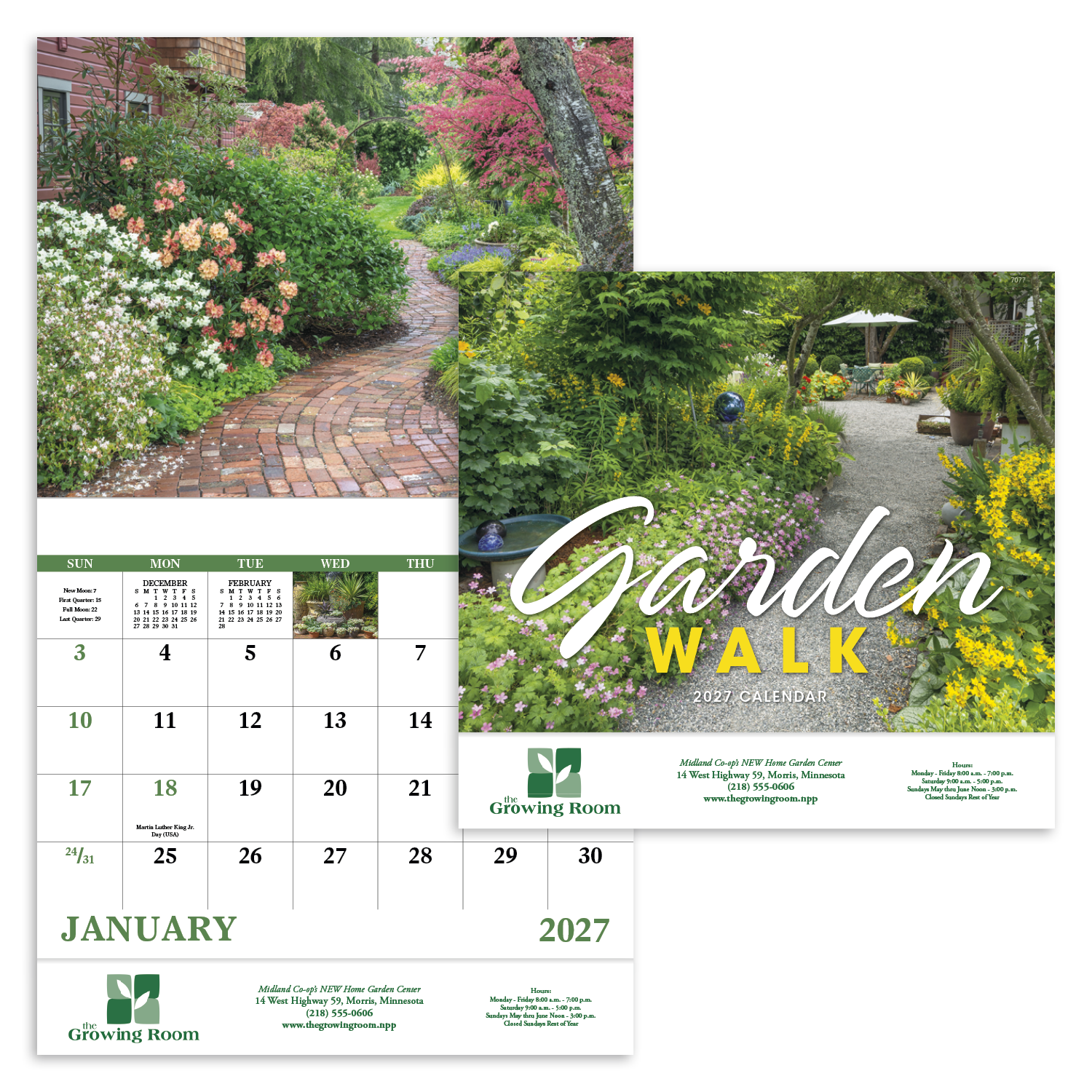 Garden Walk Stapled Calendar featuring vibrant full-color garden photography, glossy stapled pages with monthly appointment calendar grids, and a wall calendar design for home, office, and year-round scheduling.