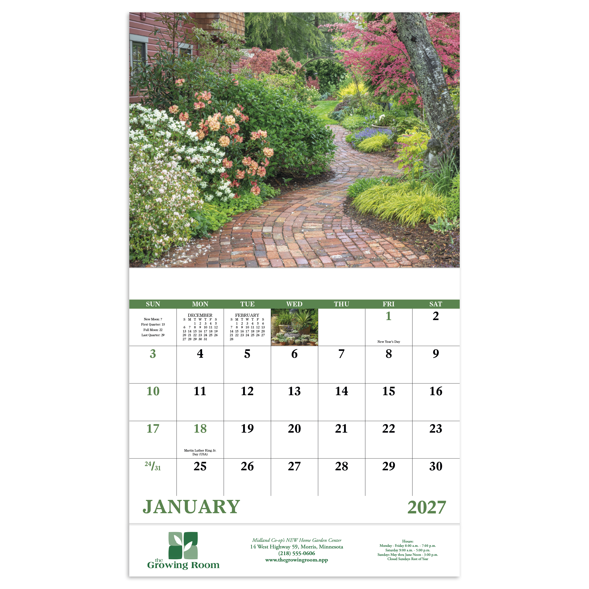 Garden Walk Stapled Calendar featuring vibrant full-color garden photography, glossy stapled pages with monthly appointment calendar grids, and a wall calendar design for home, office, and year-round scheduling.