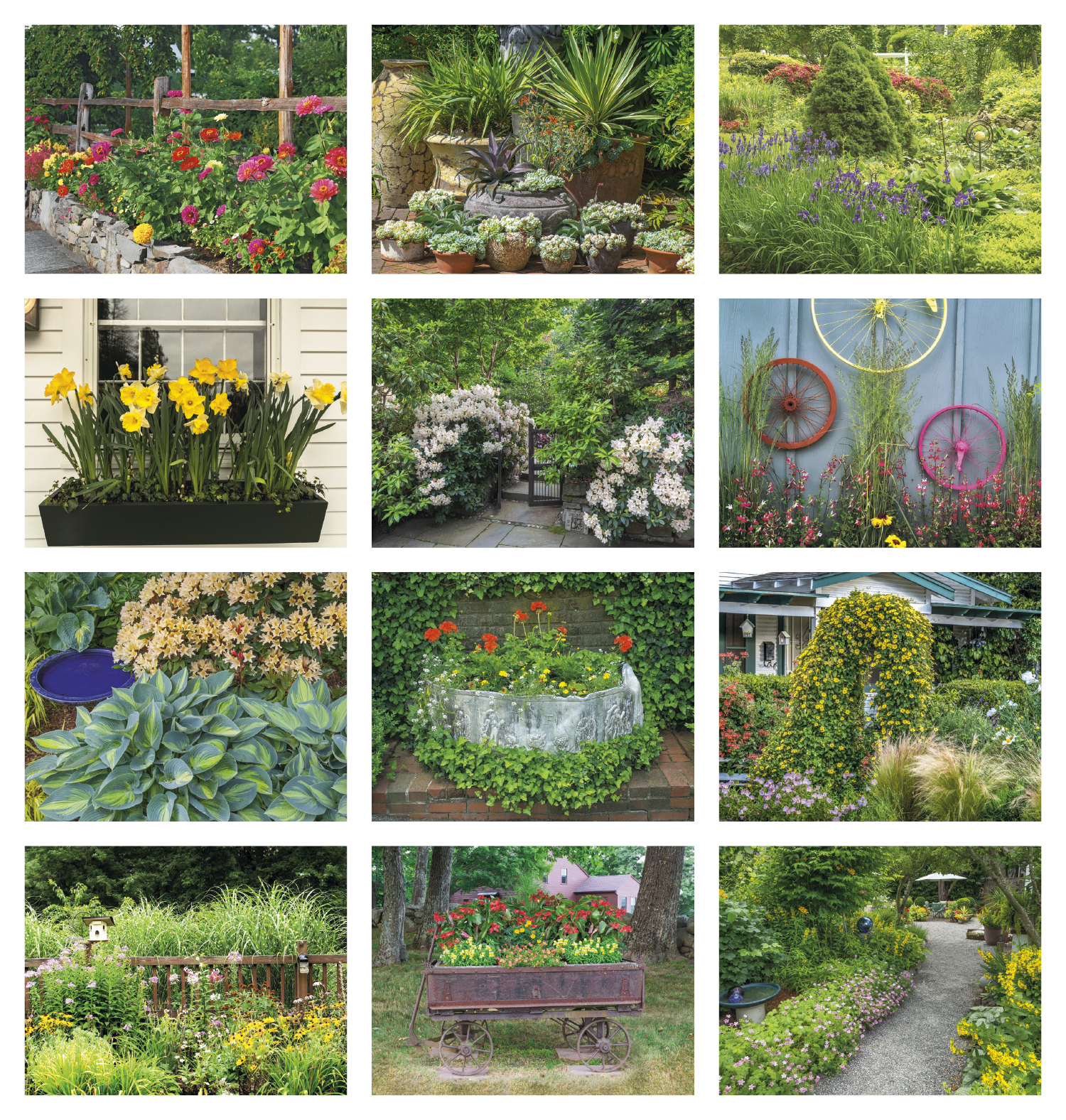 Garden Walk Stapled Calendar featuring vibrant full-color garden photography, glossy stapled pages with monthly appointment calendar grids, and a wall calendar design for home, office, and year-round scheduling.