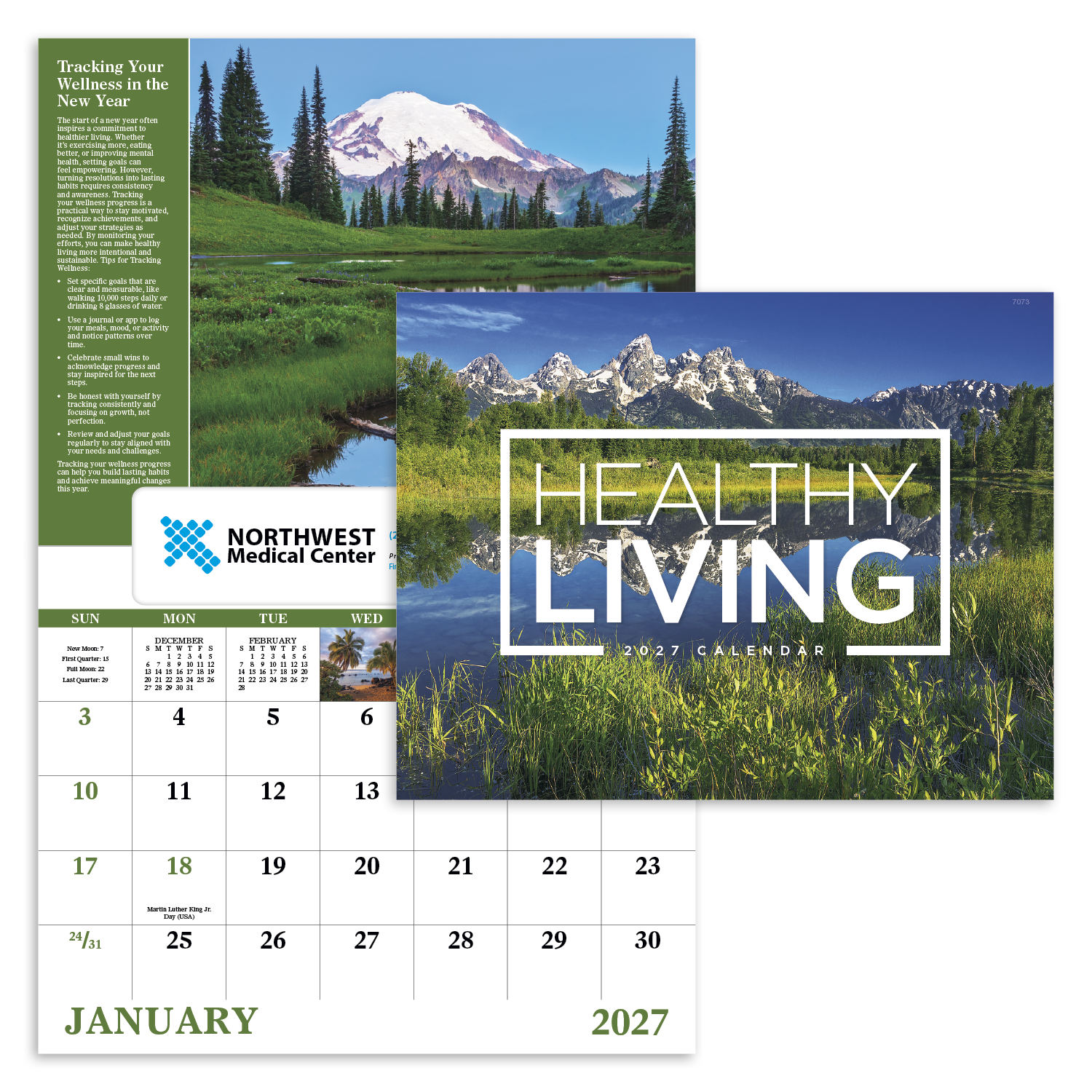 Healthy Living Window Calendar featuring beautiful scenic landscape photography, monthly wellness tips, a window-style wall calendar with spacious monthly calendar grids, and a glossy finish for home, office, and year-round scheduling.