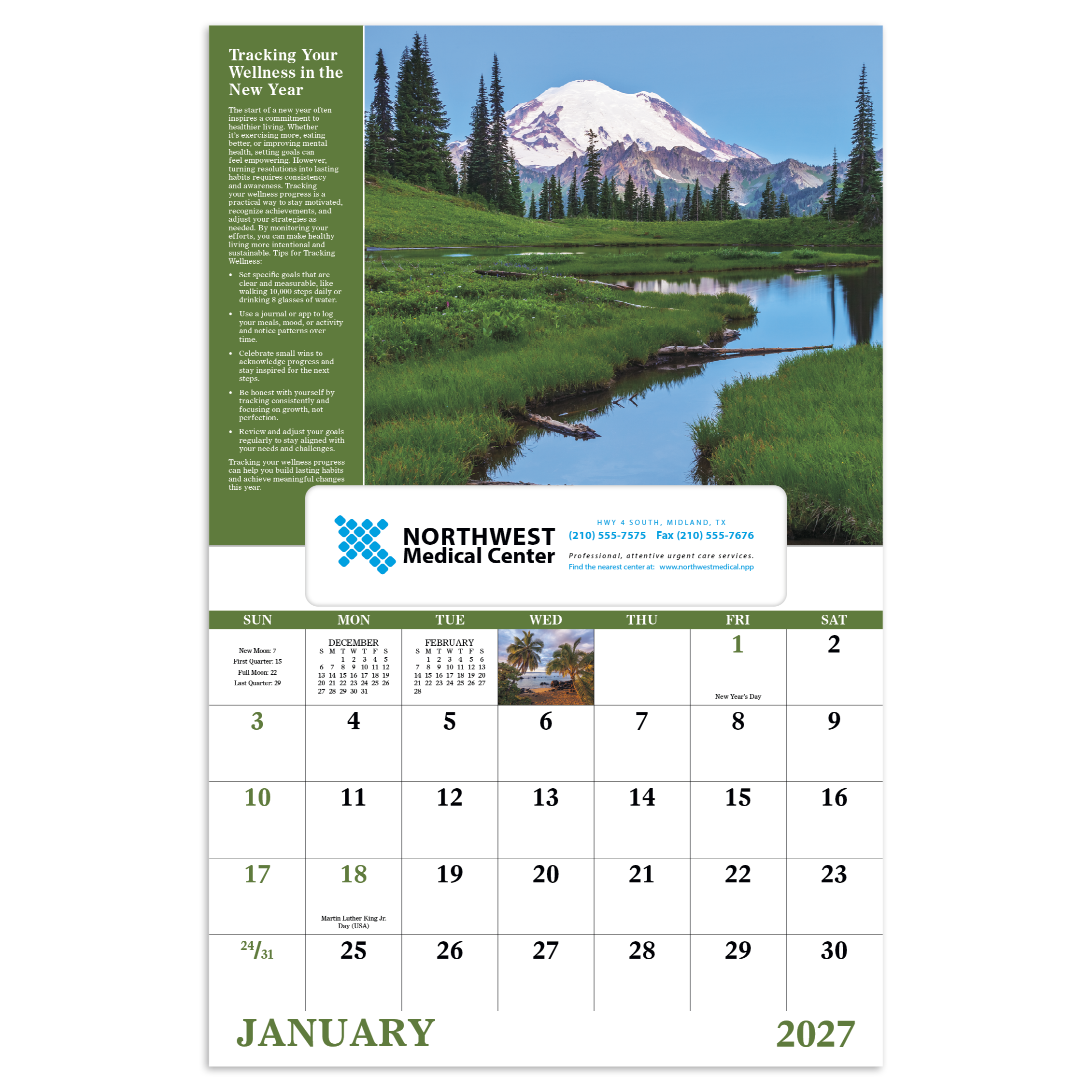 Healthy Living Window Calendar featuring beautiful scenic landscape photography, monthly wellness tips, a window-style wall calendar with spacious monthly calendar grids, and a glossy finish for home, office, and year-round scheduling.