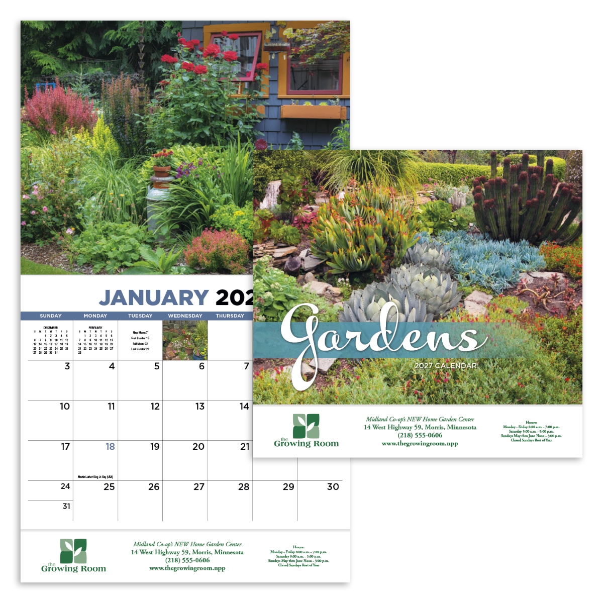 Garden-themed wall calendar featuring colorful flowers, lush landscapes, and beautiful garden photography throughout the year.