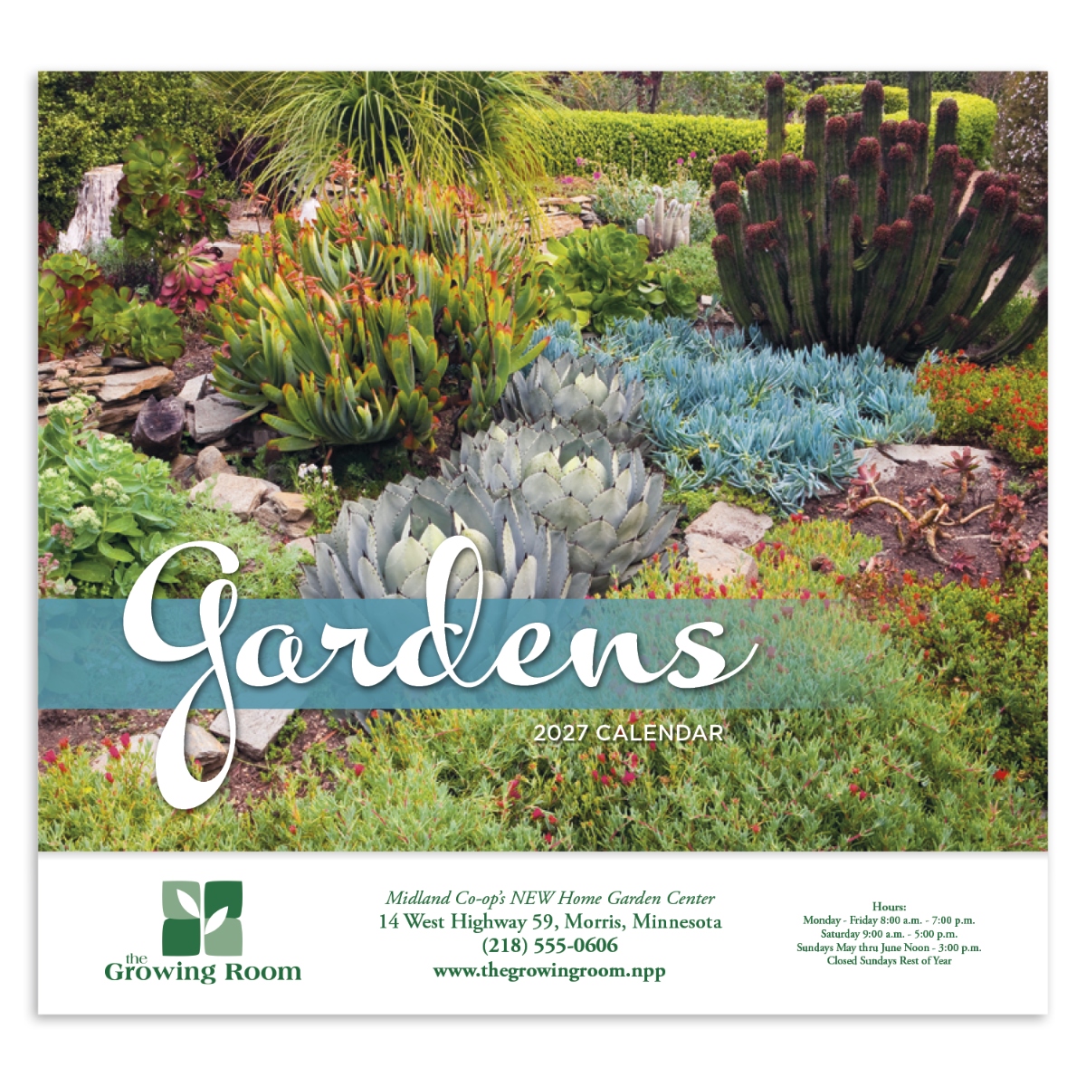 Garden-themed wall calendar featuring colorful flowers, lush landscapes, and beautiful garden photography throughout the year.