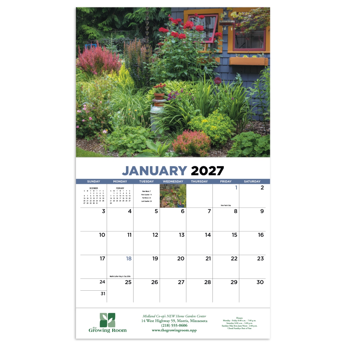 Garden-themed wall calendar featuring colorful flowers, lush landscapes, and beautiful garden photography throughout the year.