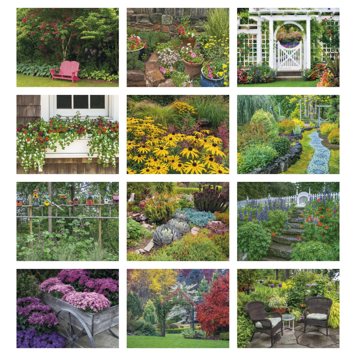Garden-themed wall calendar featuring colorful flowers, lush landscapes, and beautiful garden photography throughout the year.