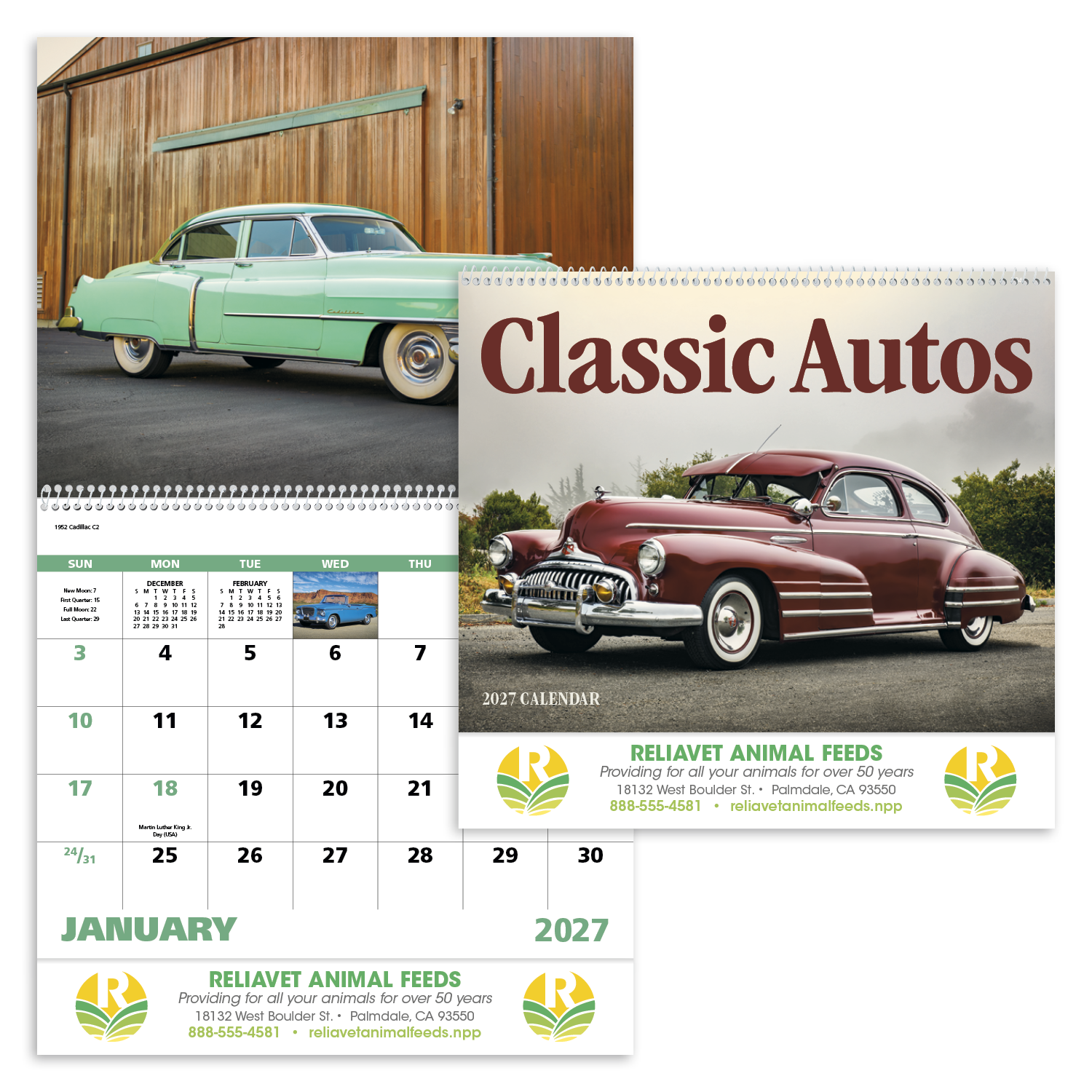 Classic Autos Spiral Calendar featuring full-color photographs of classic automobiles from the 1940s, 1950s, and 1960s, glossy spiral-bound pages with monthly calendar grids, and a wall calendar design for car enthusiasts, home, office, and year-round scheduling.