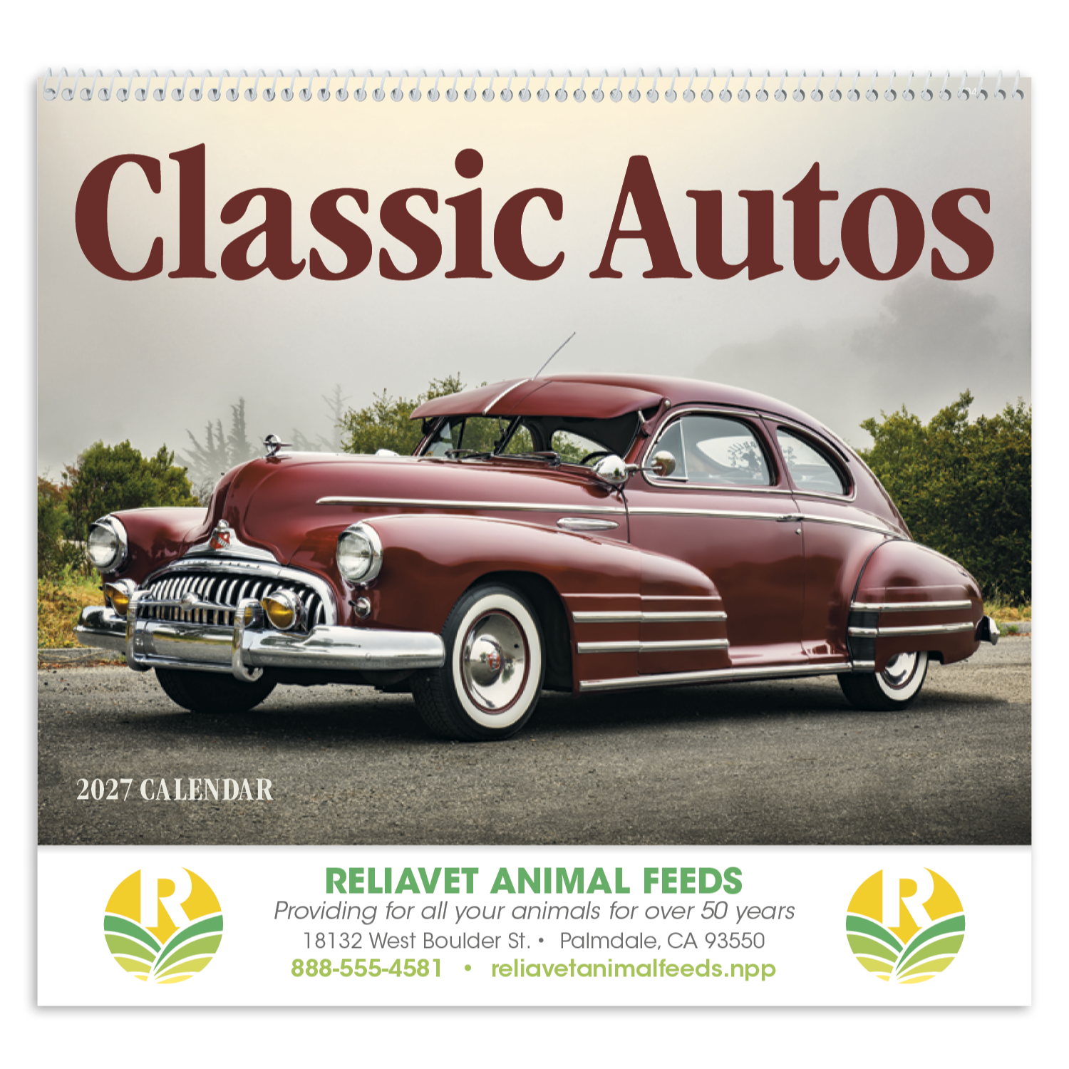 Classic Autos Spiral Calendar featuring full-color photographs of classic automobiles from the 1940s, 1950s, and 1960s, glossy spiral-bound pages with monthly calendar grids, and a wall calendar design for car enthusiasts, home, office, and year-round scheduling.