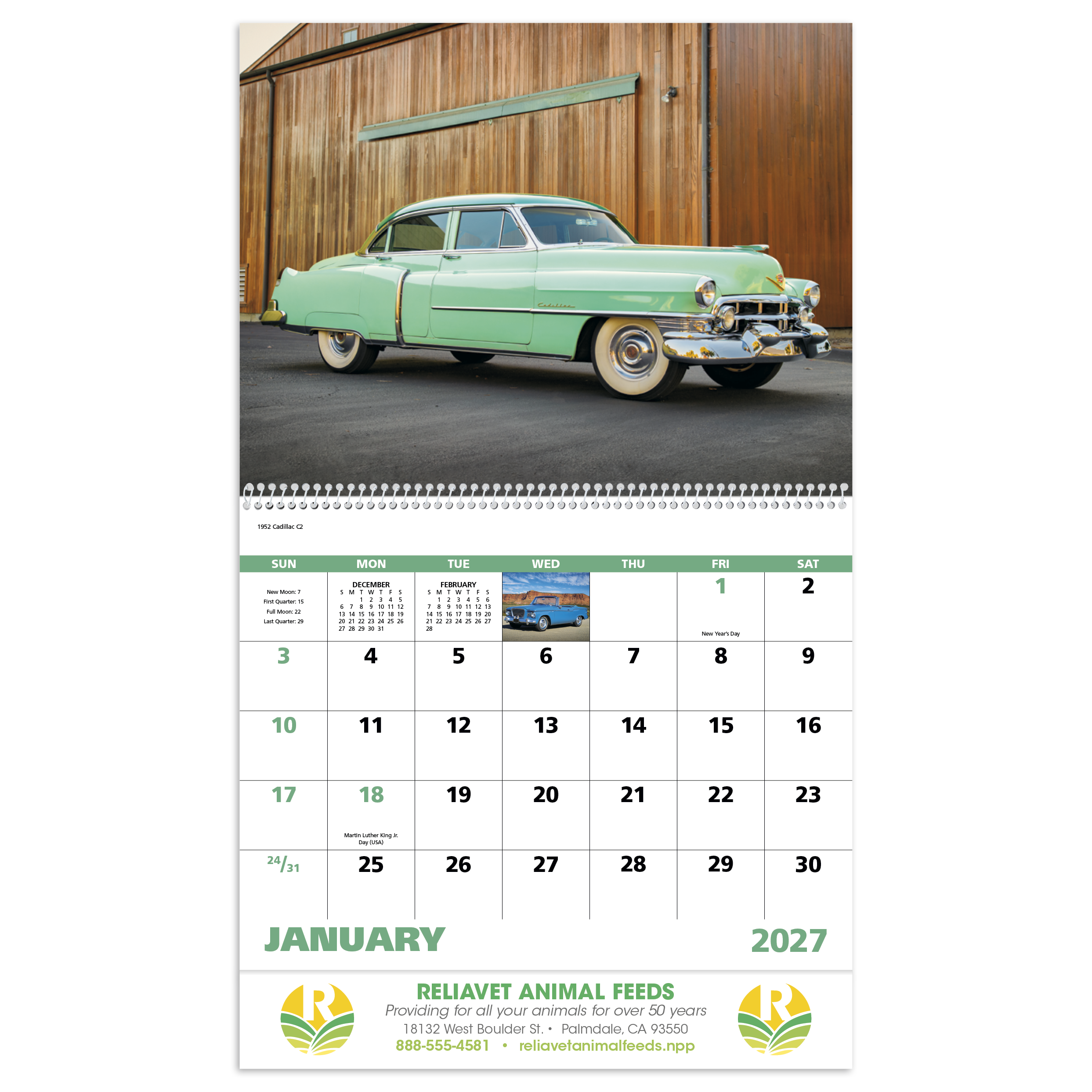 Classic Autos Spiral Calendar featuring full-color photographs of classic automobiles from the 1940s, 1950s, and 1960s, glossy spiral-bound pages with monthly calendar grids, and a wall calendar design for car enthusiasts, home, office, and year-round scheduling.