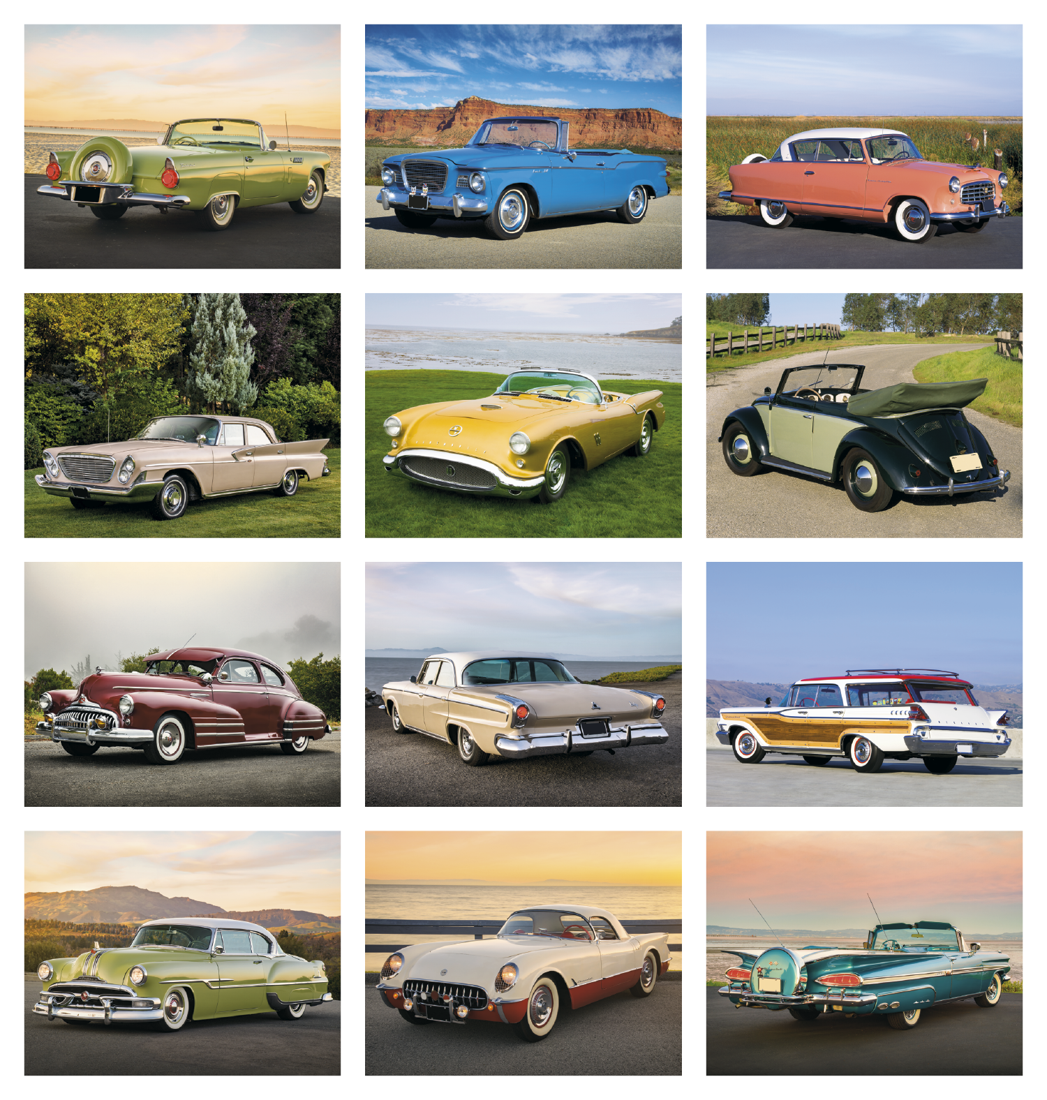 Classic Autos Spiral Calendar featuring full-color photographs of classic automobiles from the 1940s, 1950s, and 1960s, glossy spiral-bound pages with monthly calendar grids, and a wall calendar design for car enthusiasts, home, office, and year-round scheduling.