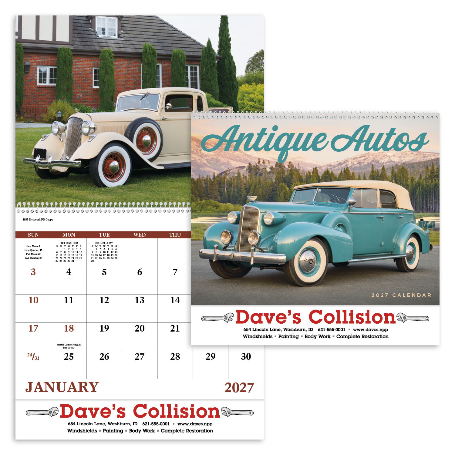 Classic antique automobile promotional calendar featuring elegant vintage cars from a timeless era with high-quality imagery and an FSC®-certified gloss paper cover.