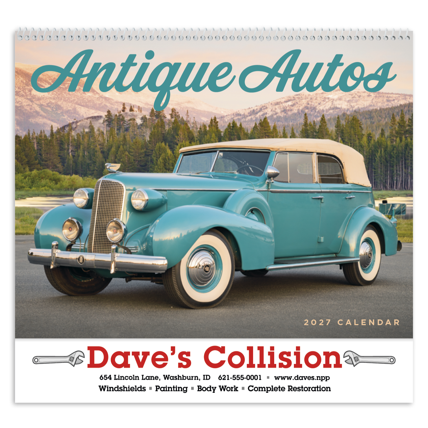 Classic antique automobile promotional calendar featuring elegant vintage cars from a timeless era with high-quality imagery and an FSC®-certified gloss paper cover.