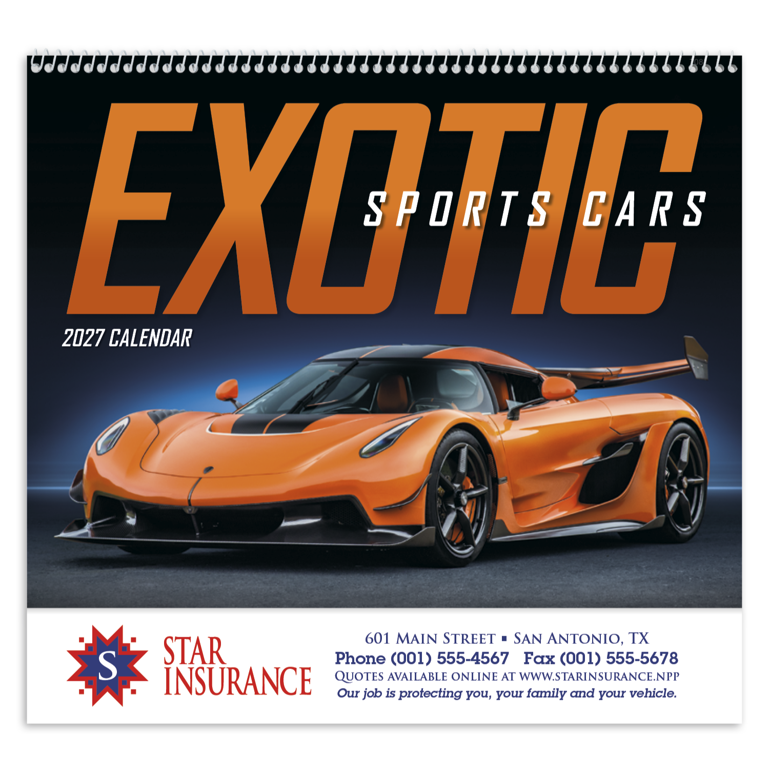 Exotic sports car promotional calendar featuring photographs of hot and luxurious cars with high-quality imagery and an FSC®-certified gloss paper cover.