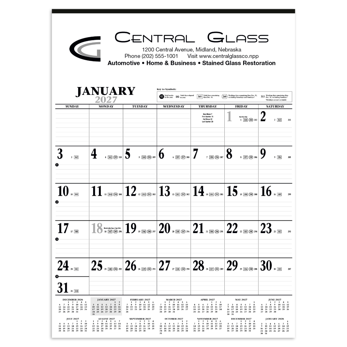 Planning wall calendar with spacious monthly grids, vibrant imagery, and ample writing space for schedules and appointments.