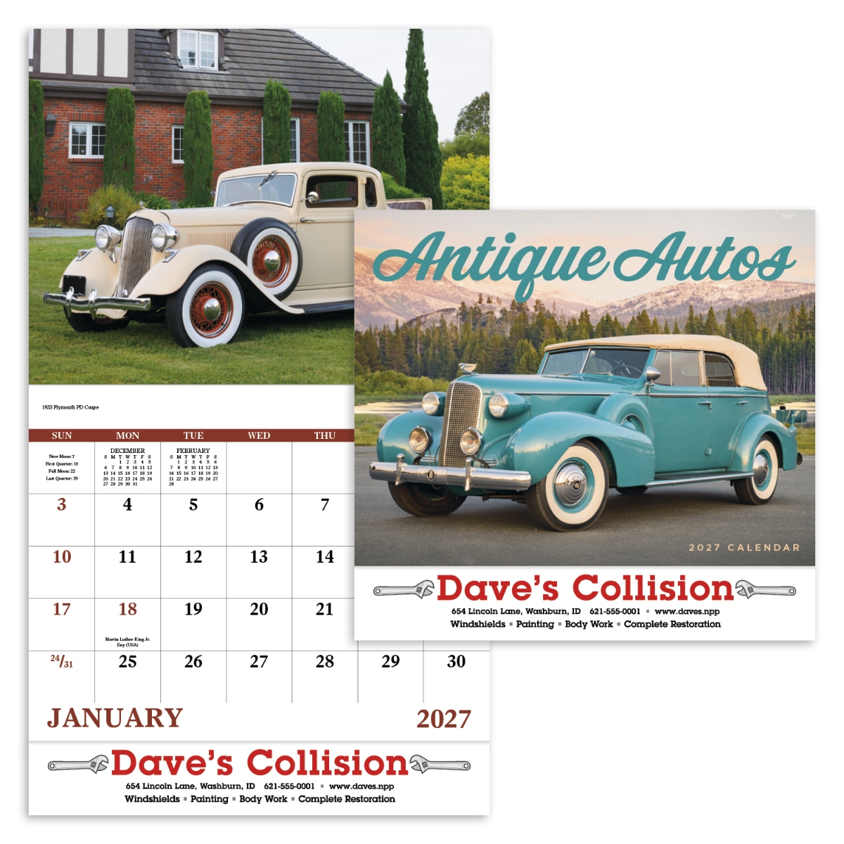 Classic car wall calendar featuring elegant vintage automobiles with timeless styling and high-quality photography.