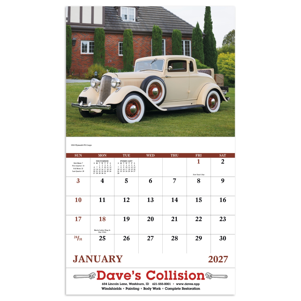 Classic car wall calendar featuring elegant vintage automobiles with timeless styling and high-quality photography.