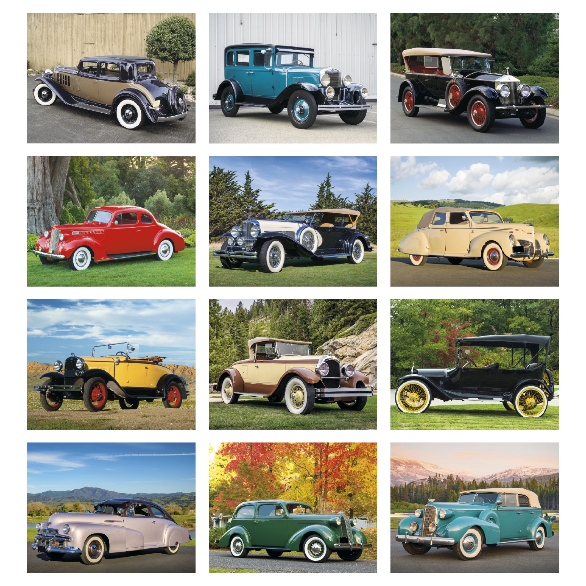 Classic car wall calendar featuring elegant vintage automobiles with timeless styling and high-quality photography.