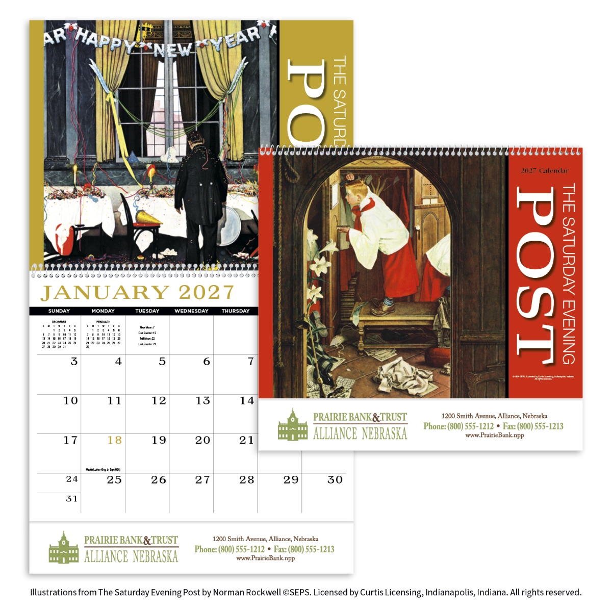 Vintage wall calendar featuring nostalgic Saturday Evening Post imagery and classic scenes from a bygone era.