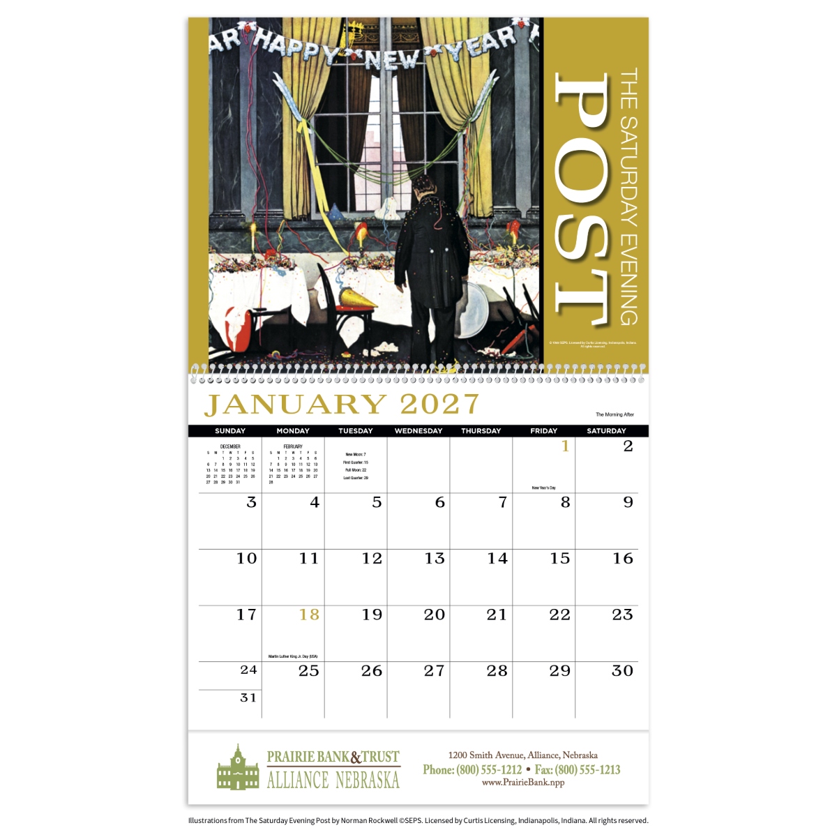 Vintage wall calendar featuring nostalgic Saturday Evening Post imagery and classic scenes from a bygone era.