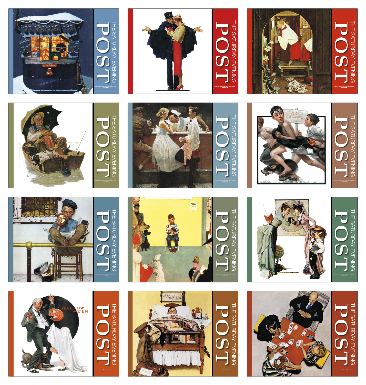 Vintage wall calendar featuring nostalgic Saturday Evening Post imagery and classic scenes from a bygone era.