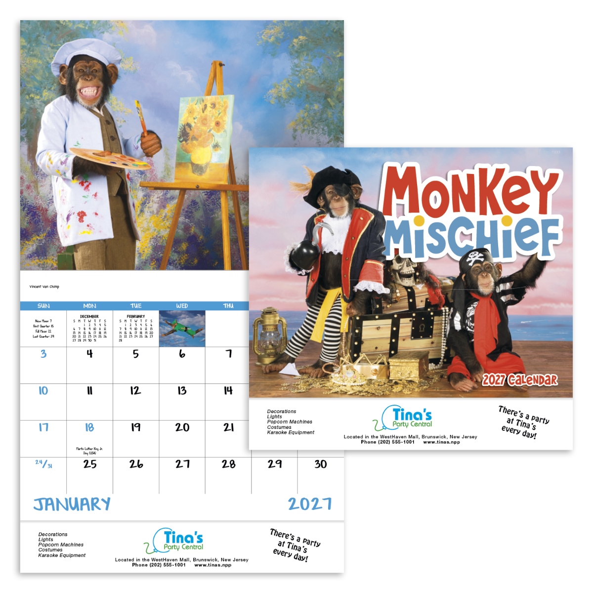 Funny monkey wall calendar featuring playful animal photography and humorous images throughout the year.